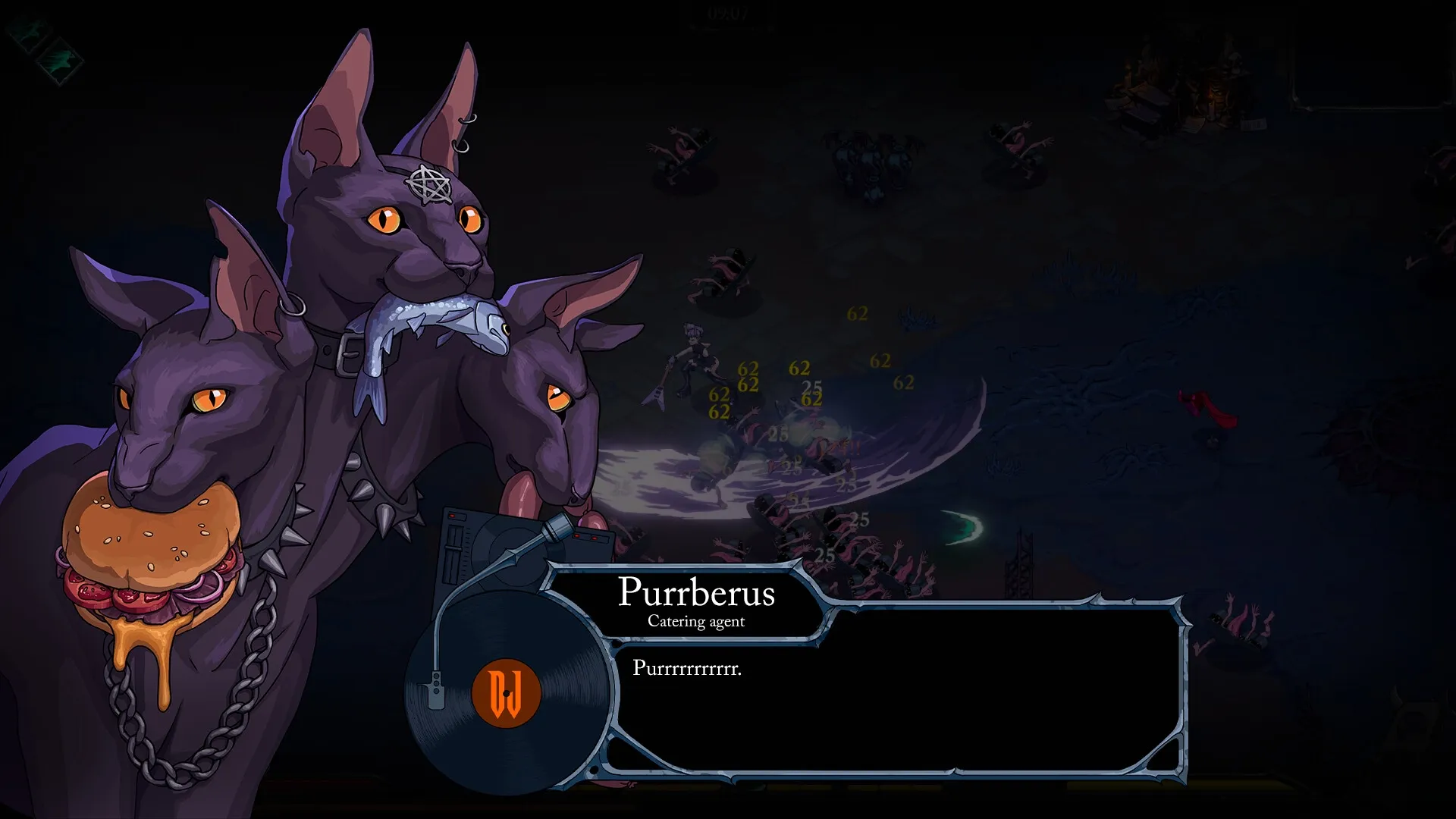 Devil Jam: Purrberus with burger and fish in dark arena, combat numbers floating above enemies