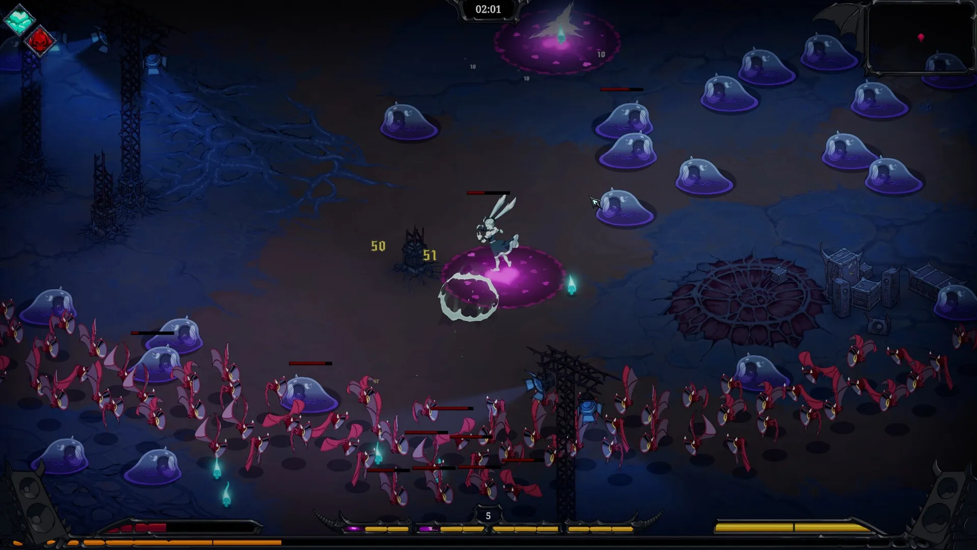 Devil Jam: Player character battles purple slimes and red demons in a dark, hellish landscape.