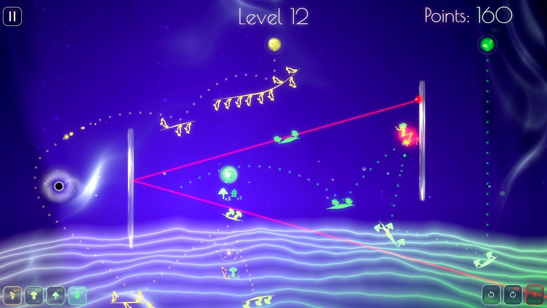 Dewdrop: Level 12 puzzle with dotted trajectories, laser beams, and vortexes in a glowing purple space.