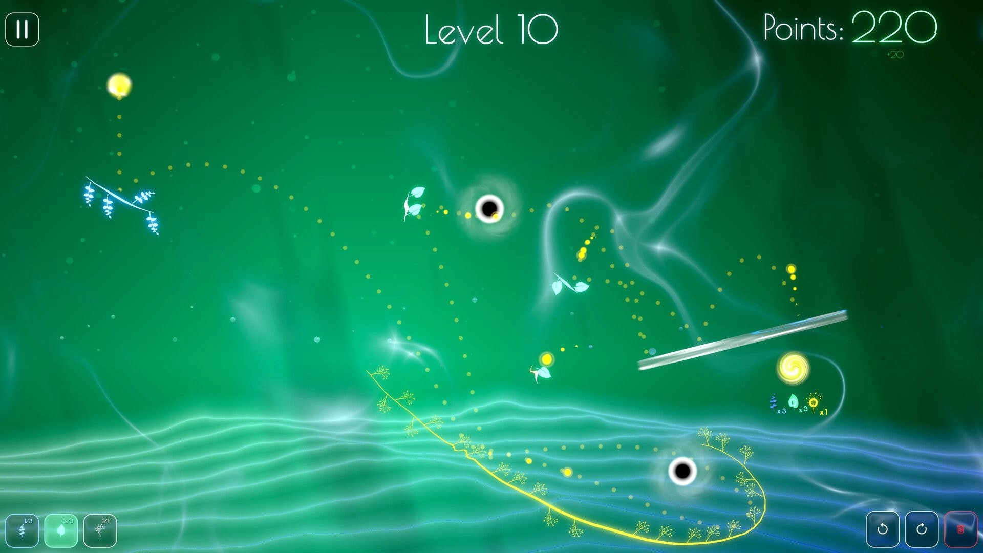 Dewdrop: Level 10 puzzle with glowing drop trail and vortex targets in a green, misty field UI.