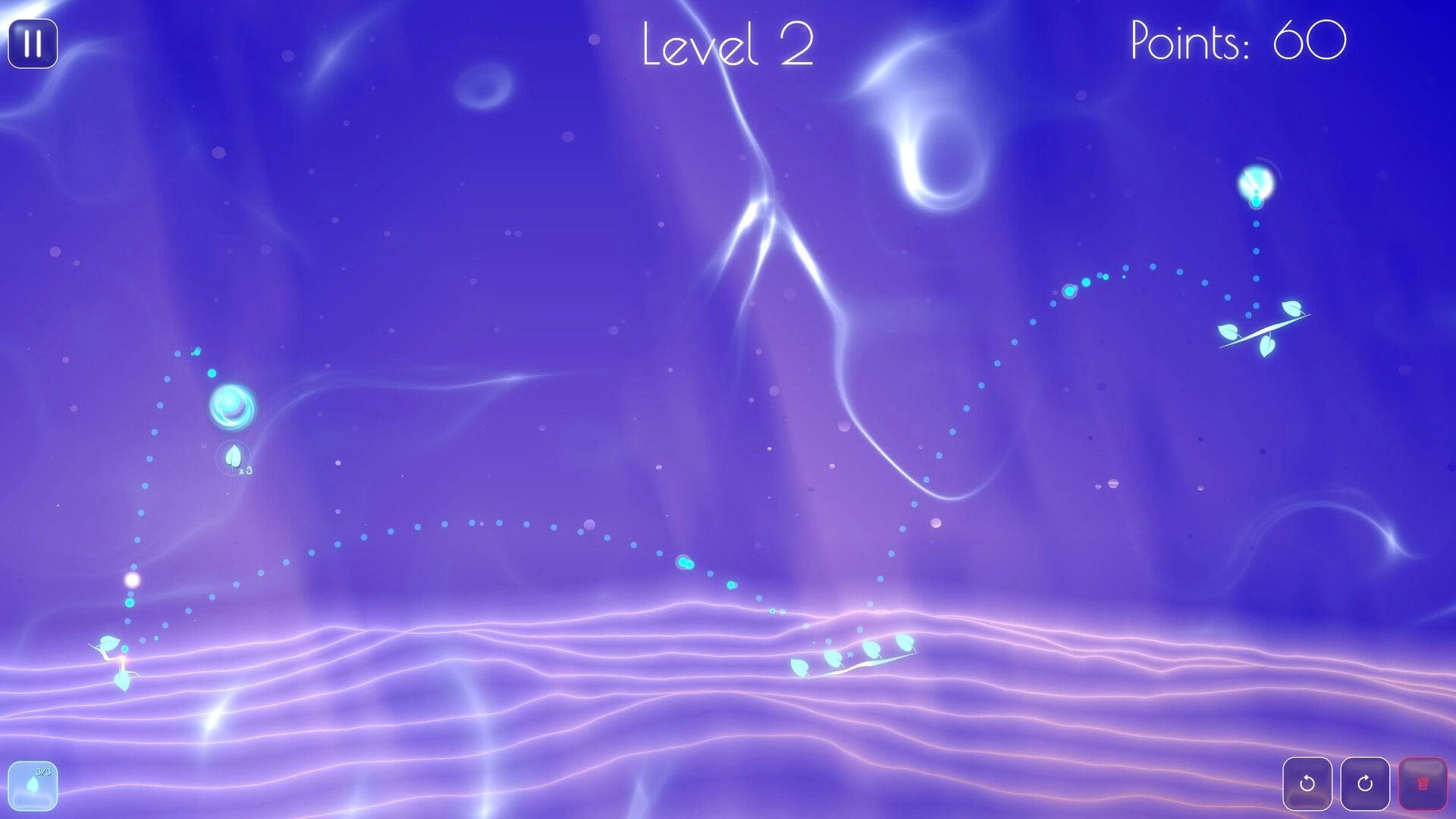 Dewdrop: Level 2 with glowing droplet trail arcing to vortexes in purple misty sky UI points 60.