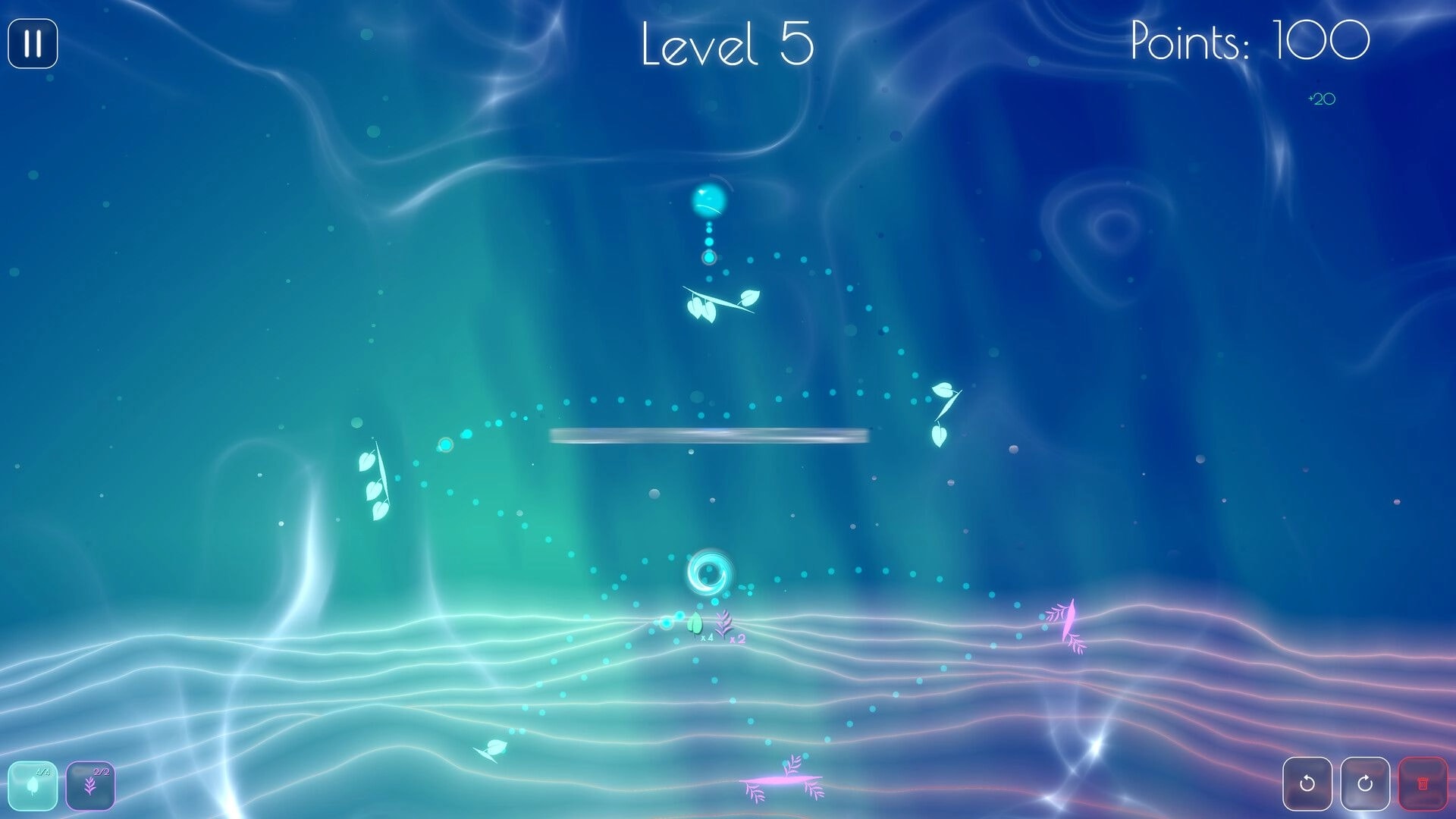 Dewdrop: Level 5 with glowing droplet bouncing past leaves toward a vortex on a blue misty field.