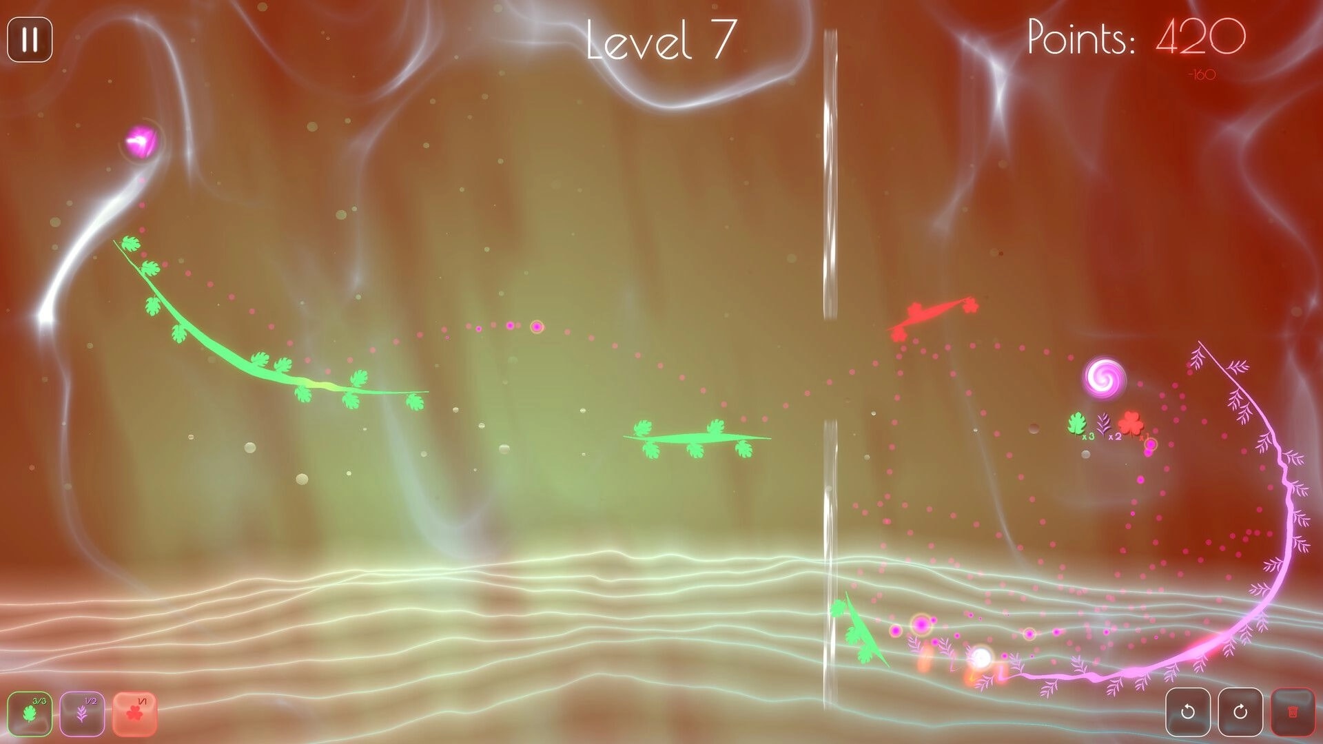 Dewdrop: Level 7 with drawn green vines guiding pink droplets toward glowing vortexes in misty space.