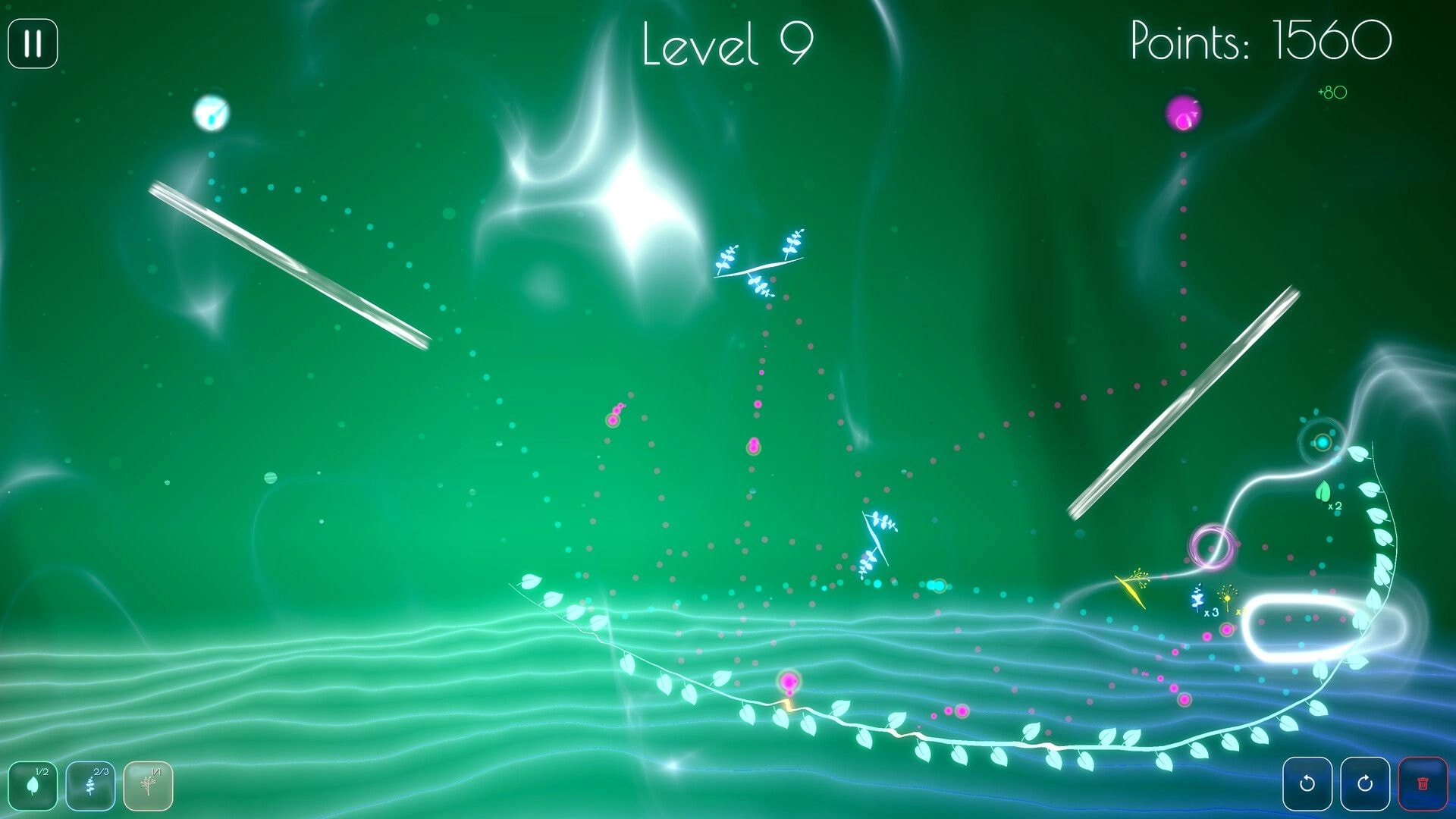 Dewdrop: Level 9 puzzle with bouncing droplets, drawn vines and ramps in glowing green space UI.