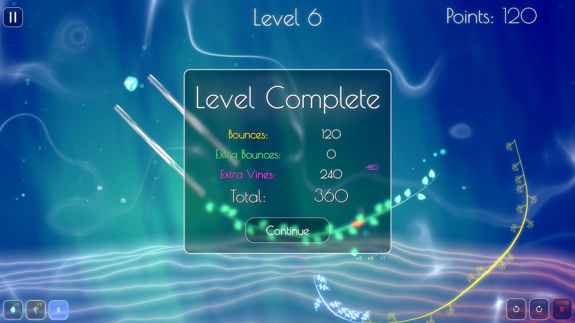 Dewdrop: Level Complete results for Level 6 with bounces and total score over glowing blue backdrop.