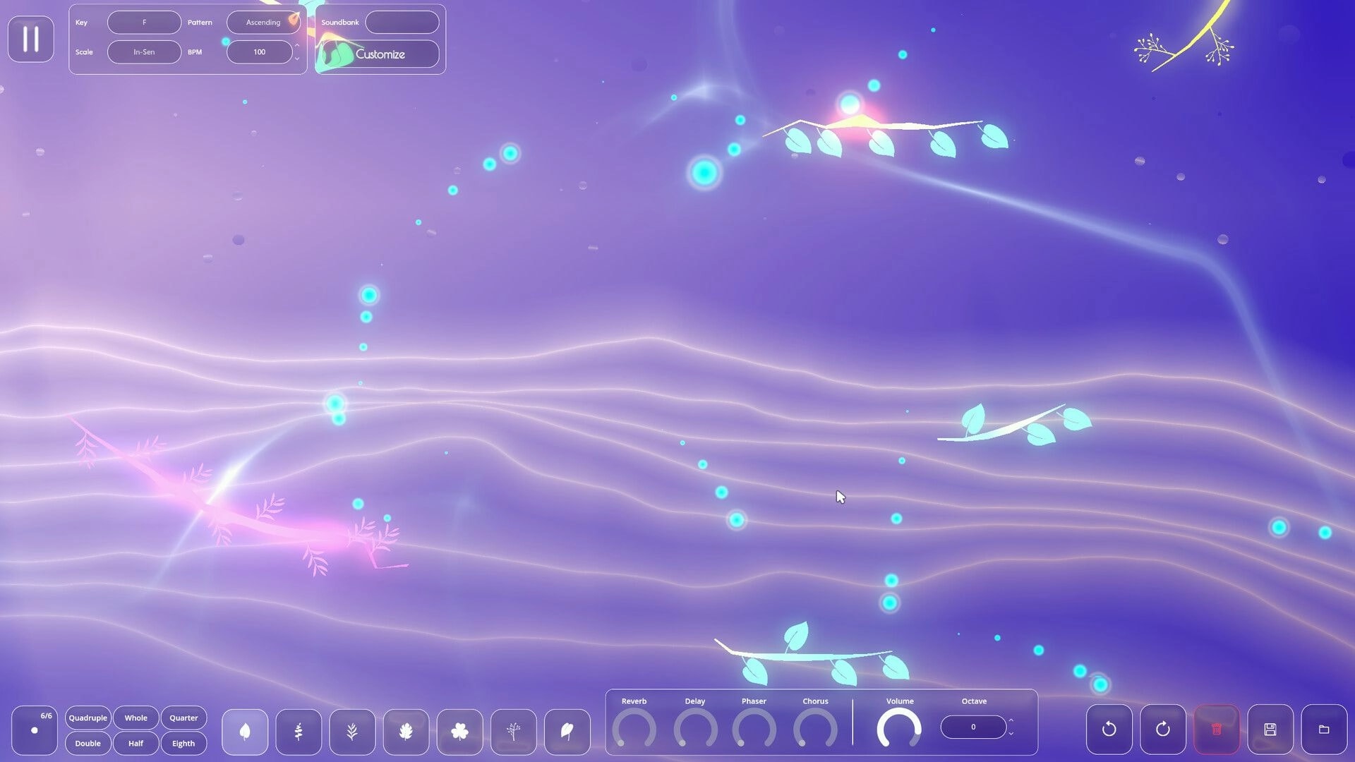 Dewdrop: Glowing blue drops bounce along drawn vine platforms in a purple misty sandbox UI.