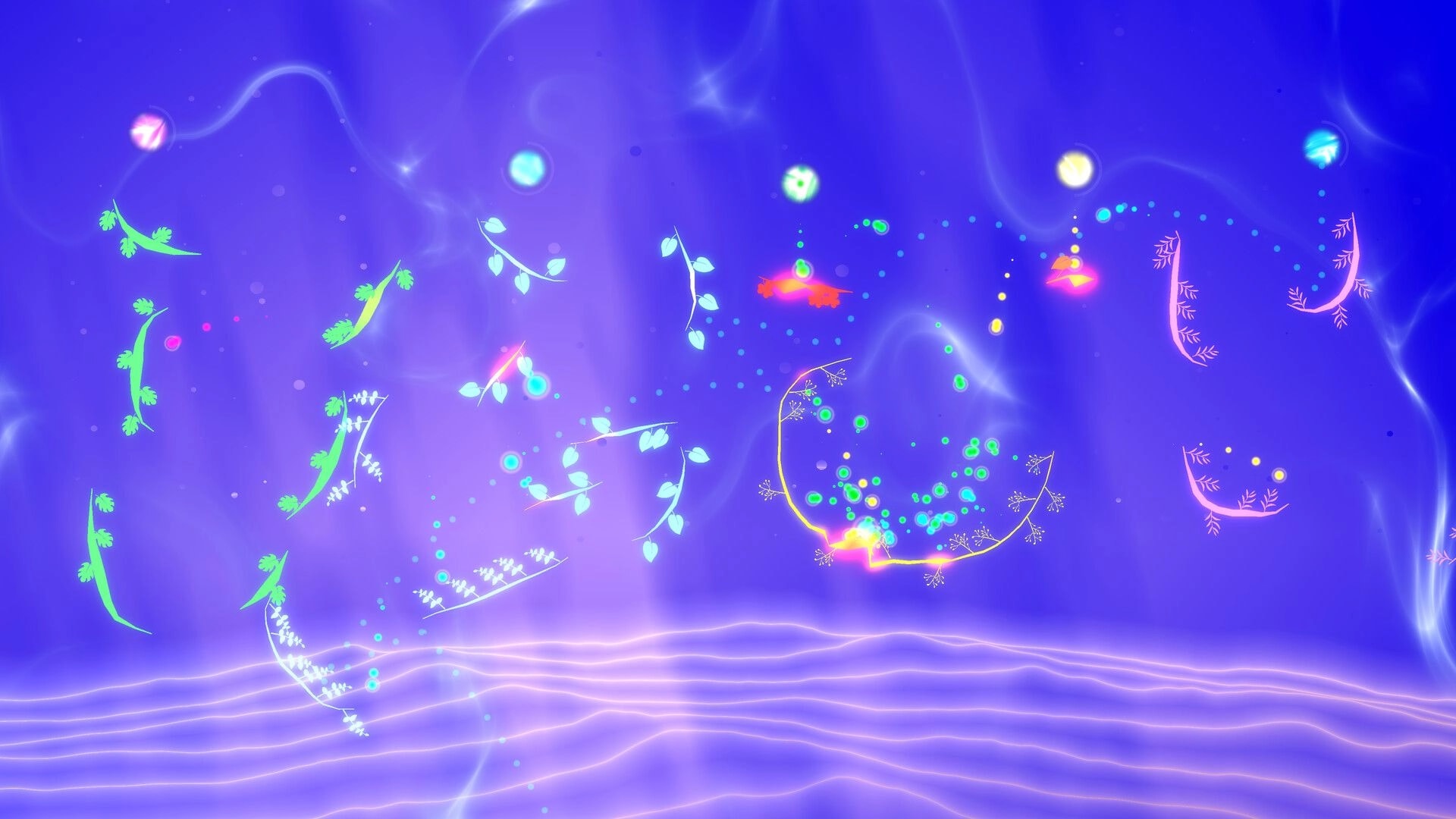 Dewdrop: Glowing droplets bounce along drawn vine curves toward bright vortexes in a blue void level.