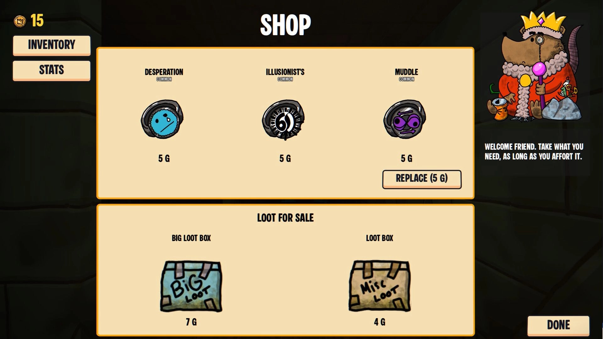 Die for the Rat King: Shop menu with rings and loot boxes for sale beside crowned rat merchant in tunnel.