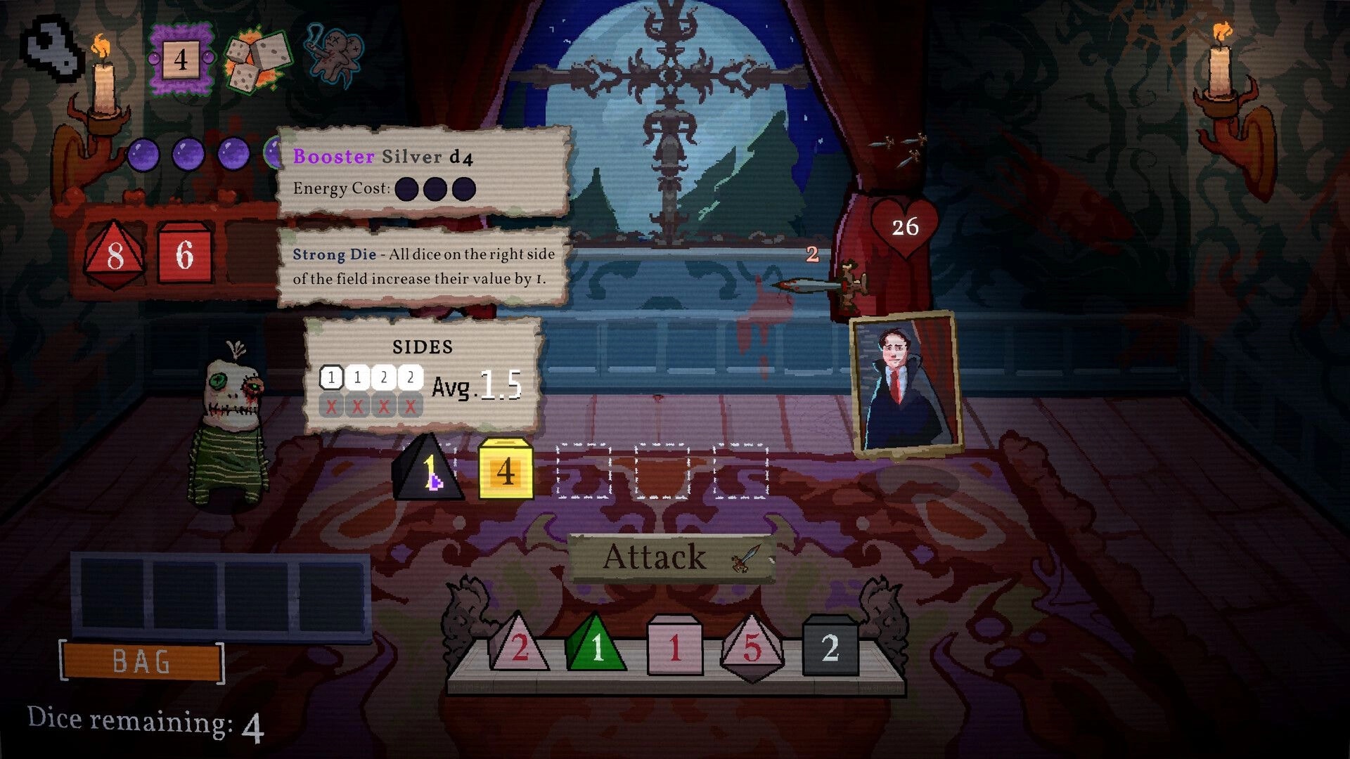 Die to Play: Card tooltip for Booster Silver d4 during battle with dice row and Attack button in hall.