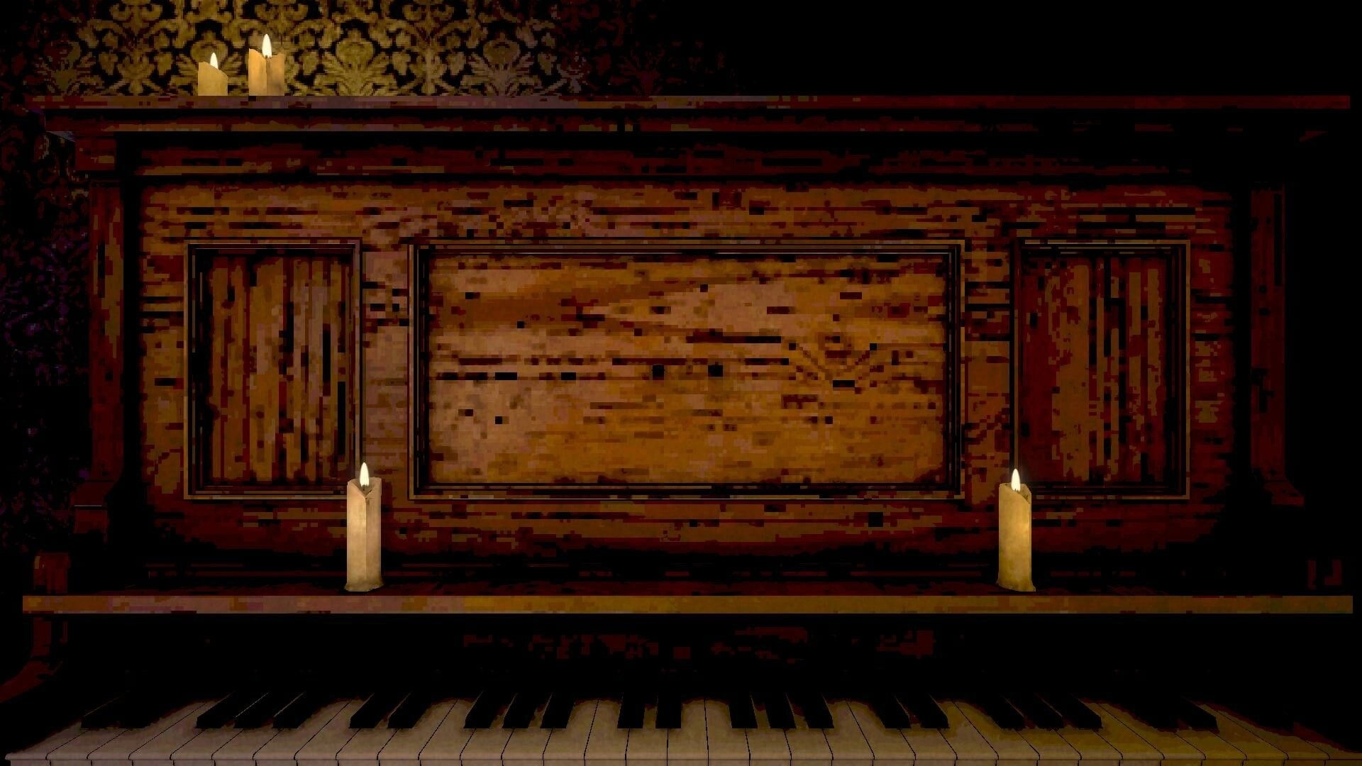 Die to Play: Candlelit close-up of a dusty piano front panel and keys in a dark room.
