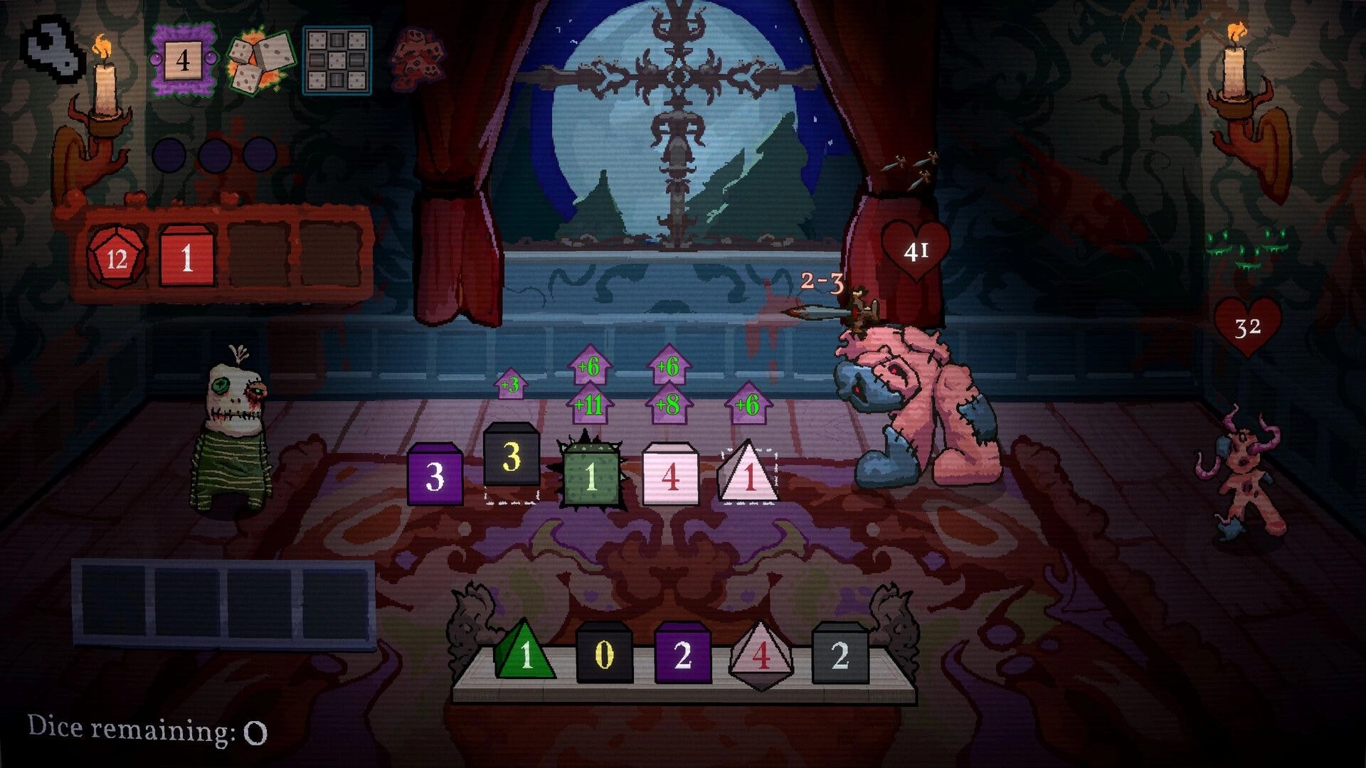 Die to Play: Dice combat UI with numbered blocks and heart HP in a candlelit mansion room.