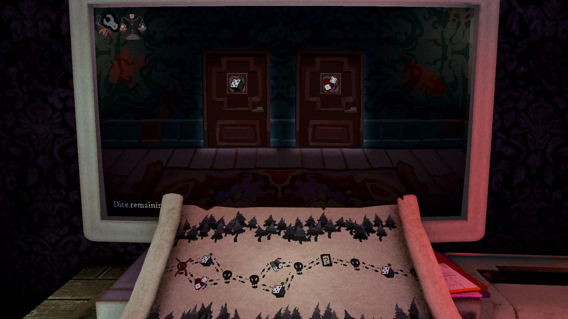 Die to Play: Map selection with skull nodes and dice icons on a scroll before two locked doors.