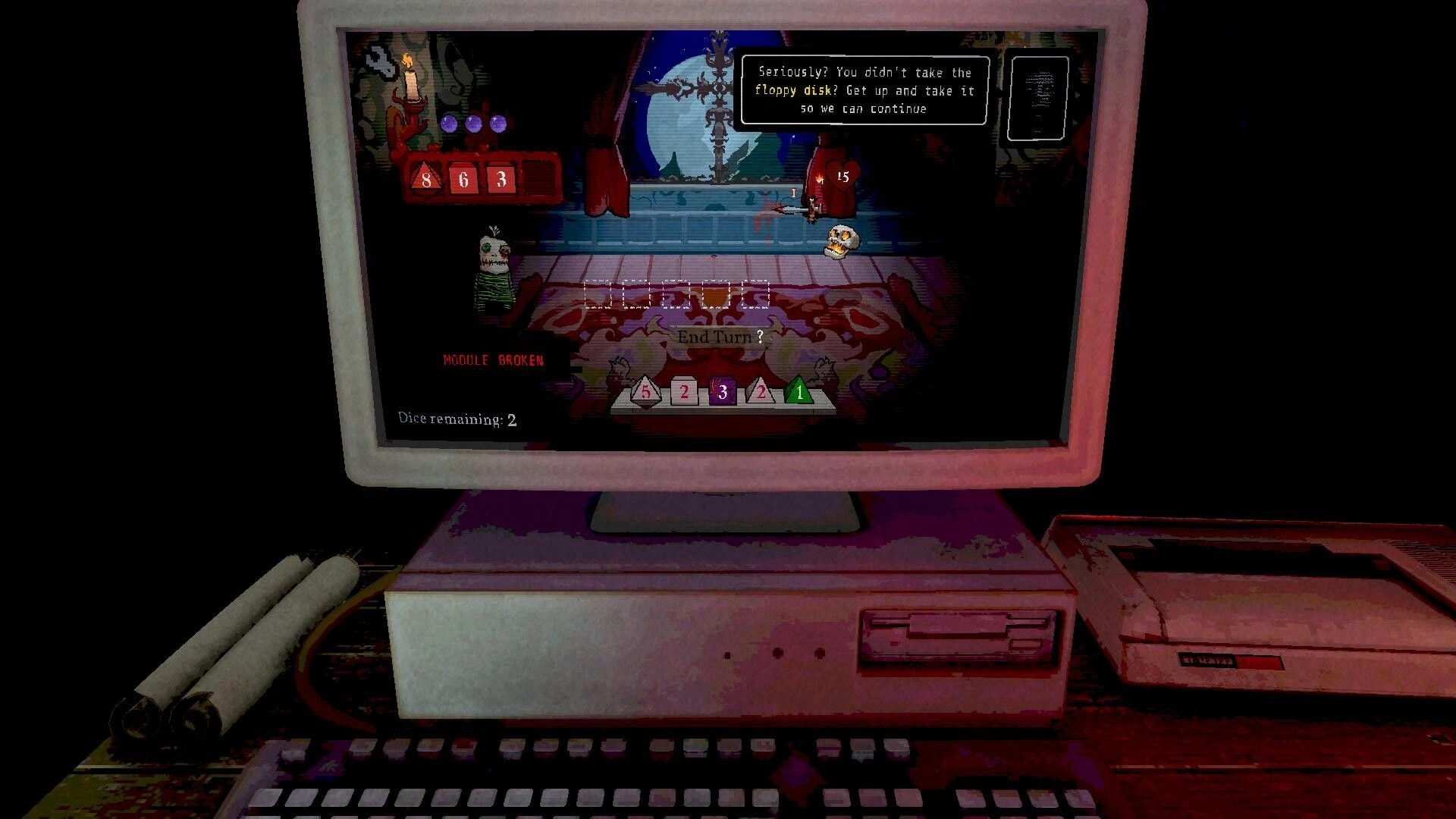 Die to Play: End Turn prompt over dice and card battle UI on a retro computer screen in dark room.