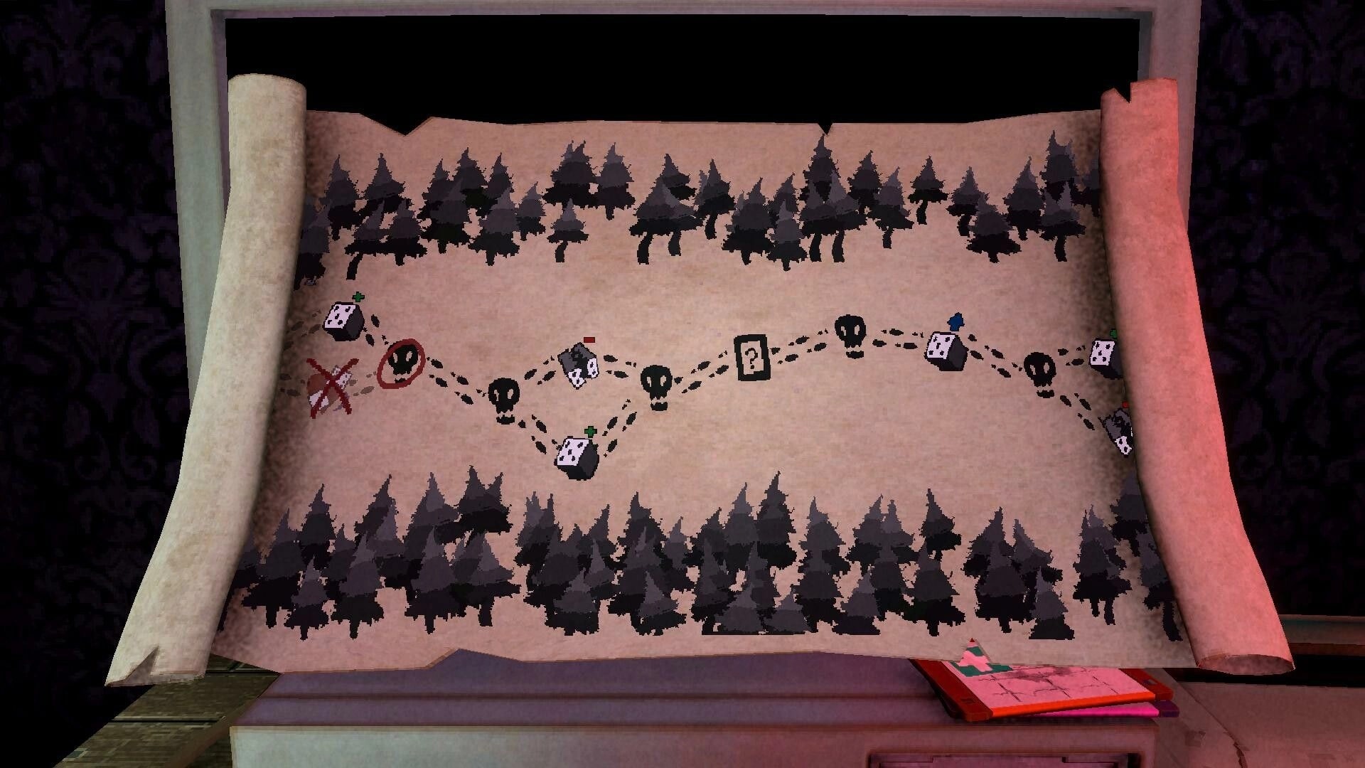 Die to Play: Scroll map with branching dotted path, dice and skull nodes across a dark forest backdrop.