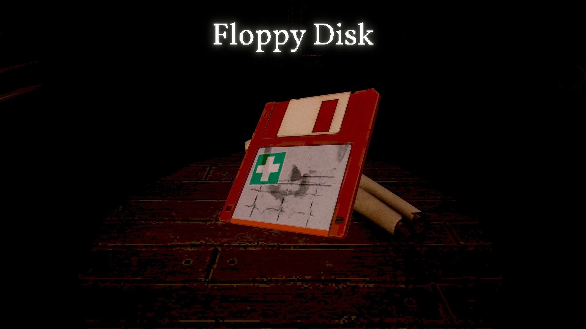 Die to Play: Floppy Disk pickup screen with red disk icon on dark circuit-board floor backdrop.