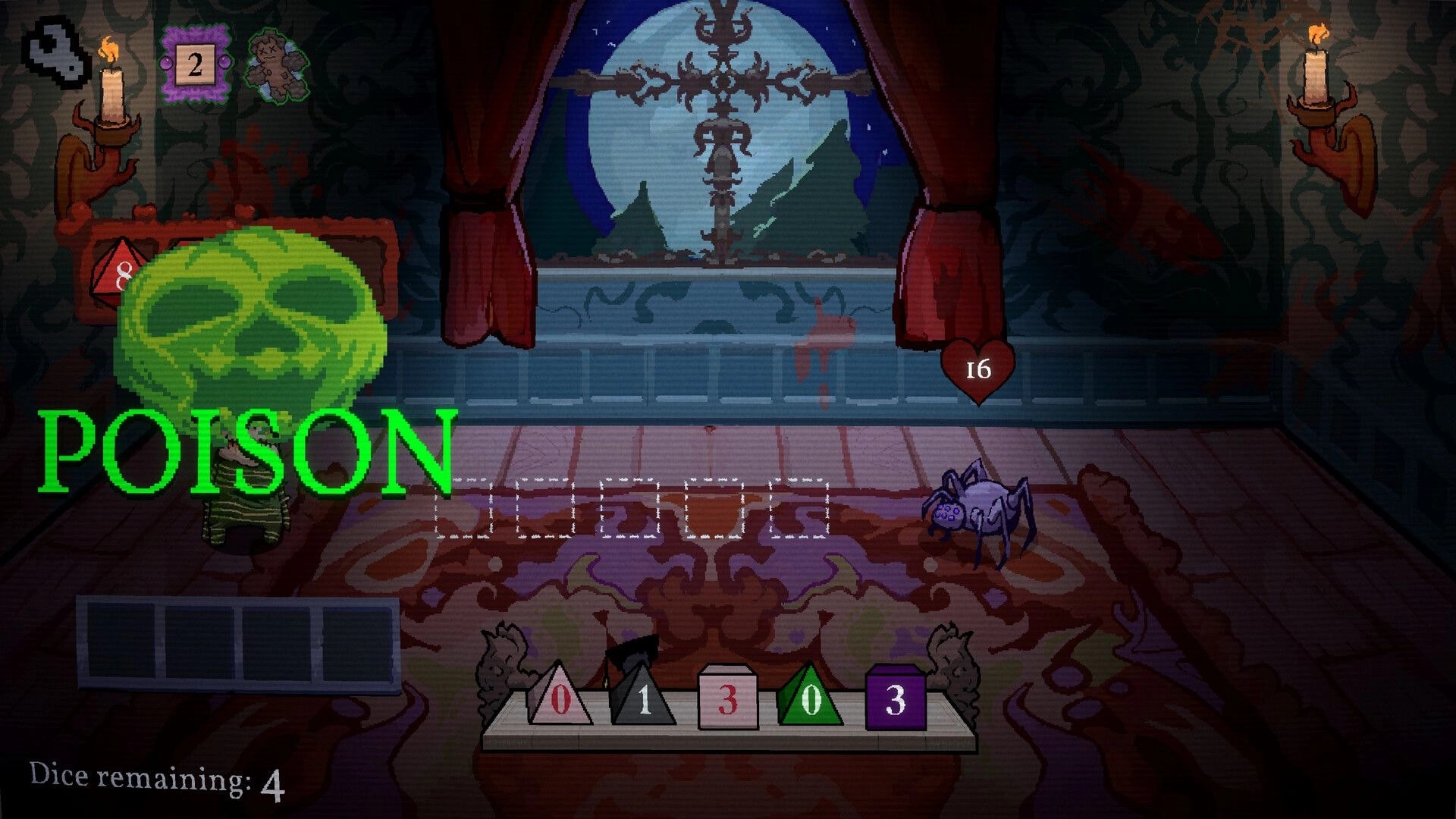 Die to Play: Poison effect triggers in battle UI with dice bar, in a candlelit mansion room.