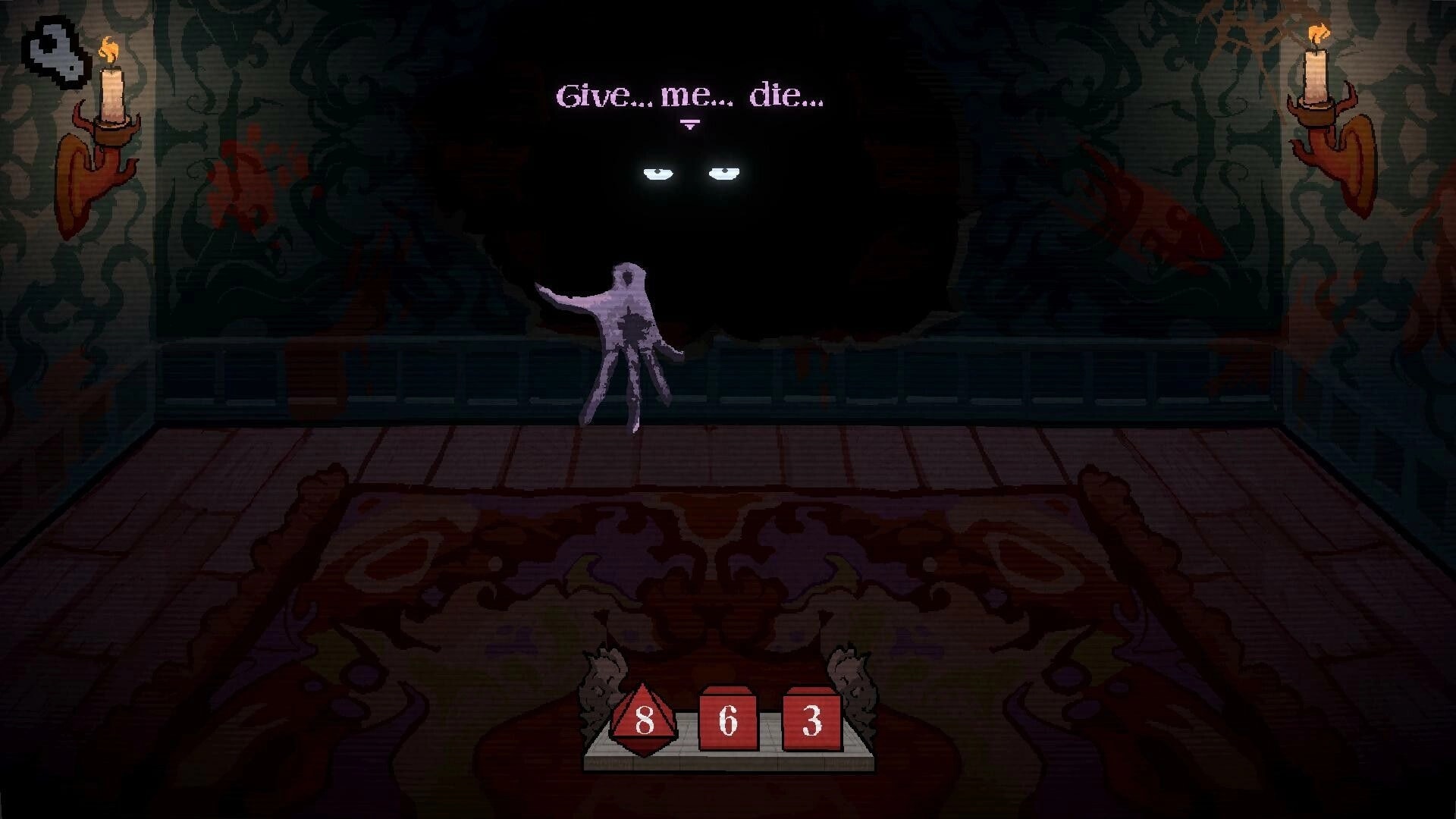 Die to Play: Shadowy eyes demand “Give...me...die...” in candlelit room, dice UI at bottom.