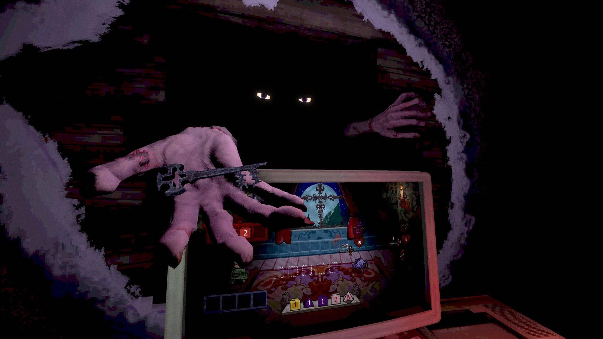 Die to Play: Shadowy figure with glowing eyes grabs a retro monitor during card battle scene.