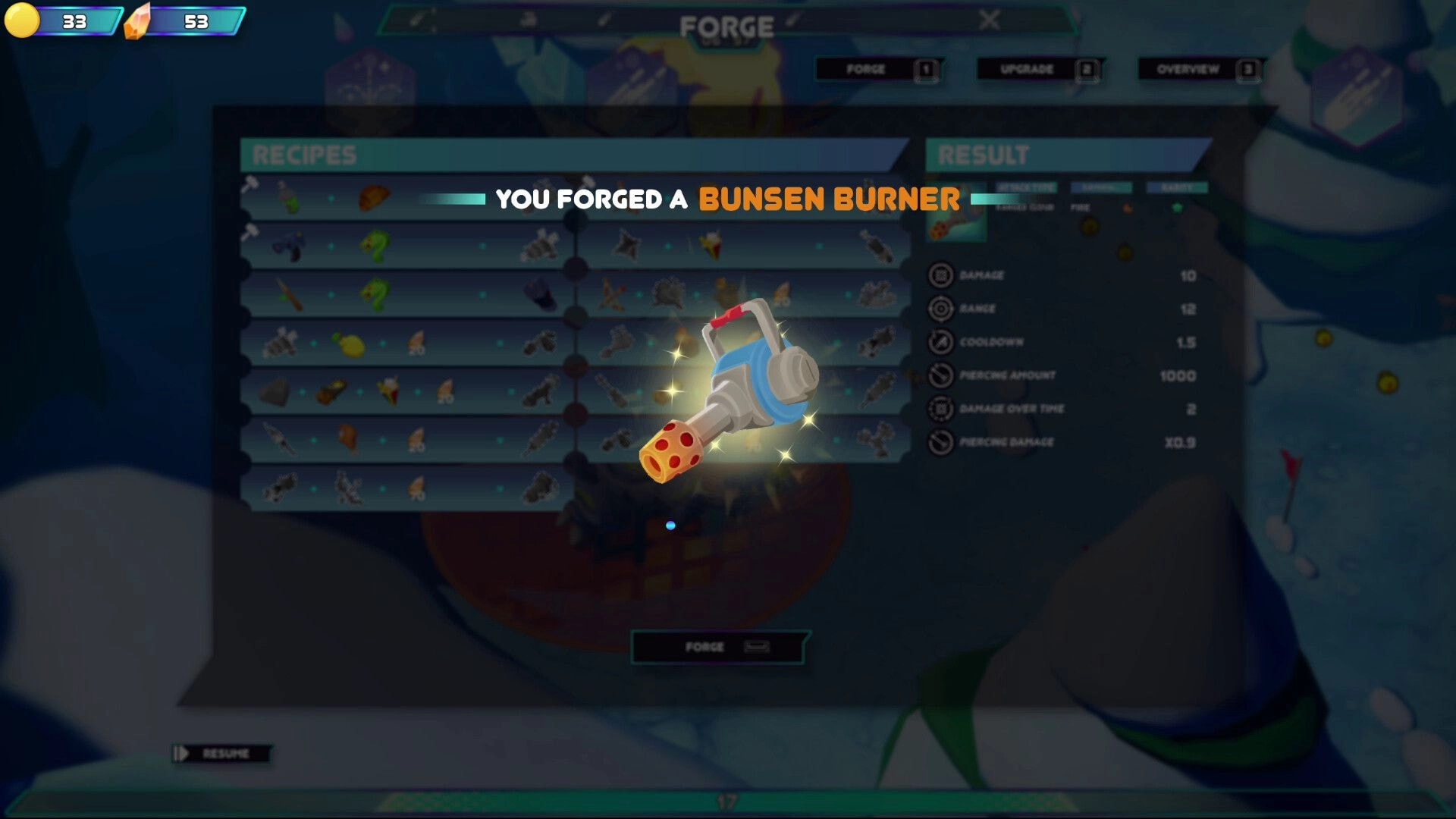 Dino-Ducks Mayhem: Forge menu pop-up “You forged a Bunsen Burner” with recipes list and stats panel.