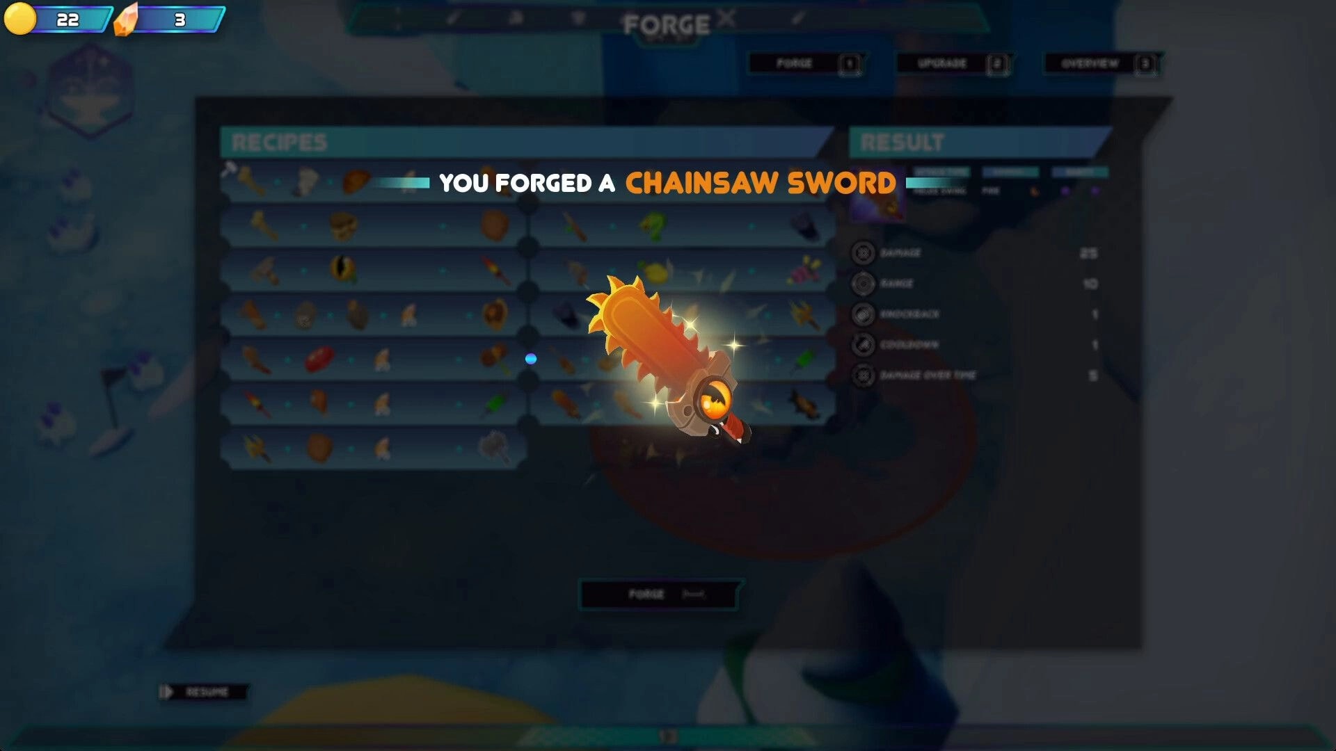Dino-Ducks Mayhem: Forge menu confirms chainsaw sword crafted, recipes list and result stats panel.