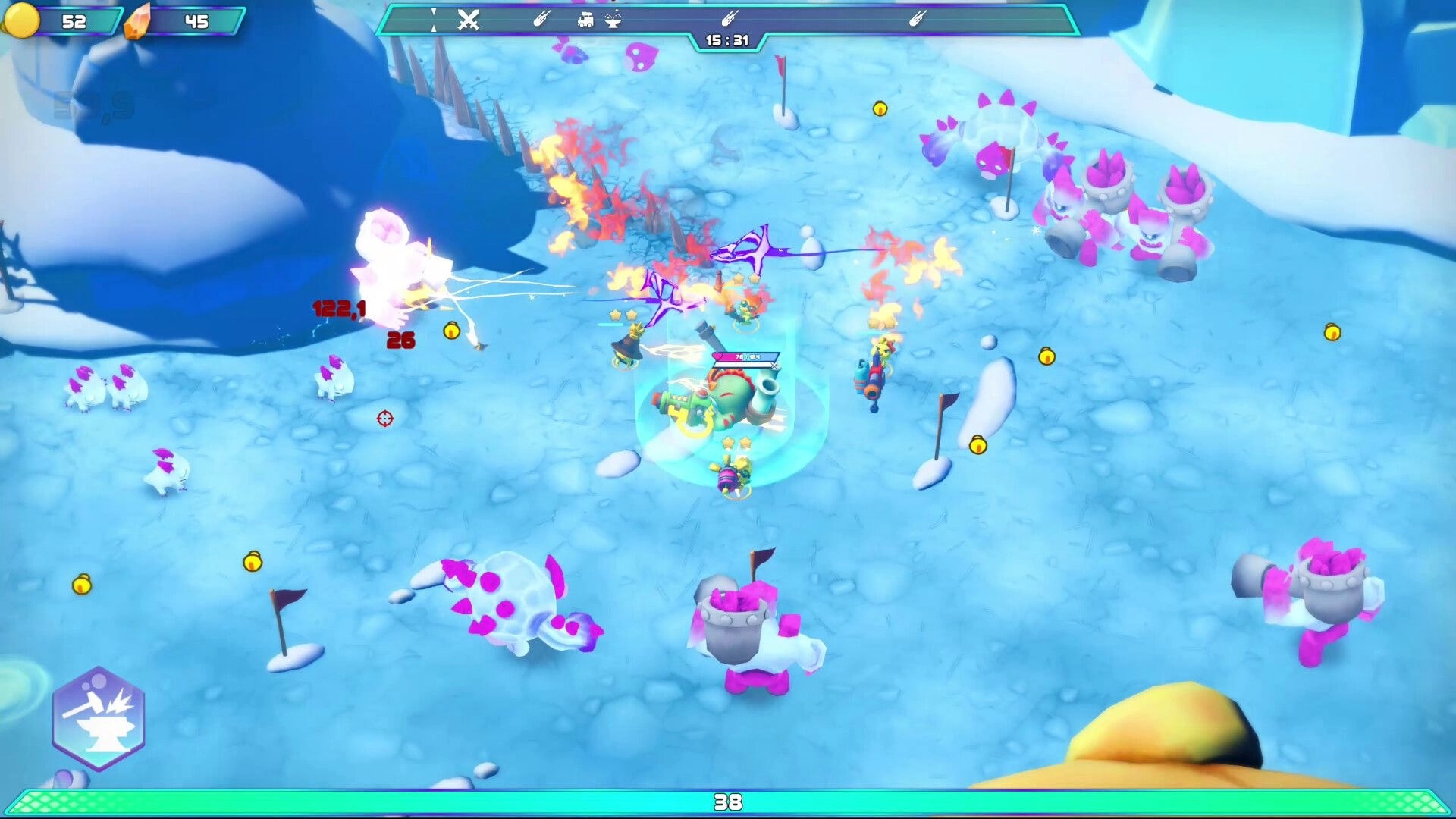 Dino-Ducks Mayhem: Duck hero fires flaming projectiles at pink enemies on icy arena with coin drops.