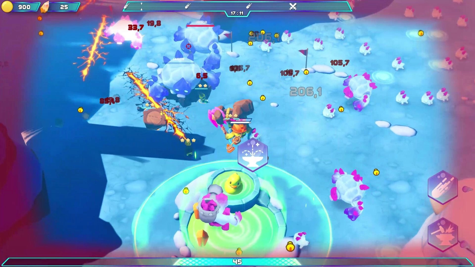 Dino-Ducks Mayhem: Duck hero battles spiky ice beasts as coins and damage numbers fill snowy arena.