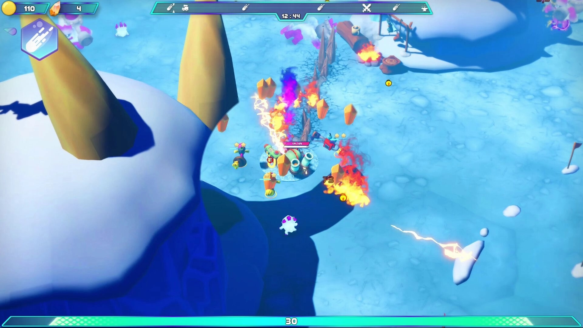 Dino-Ducks Mayhem: Duck hero battles fiery foes near crystals on snowy map, timer and coins HUD visible.
