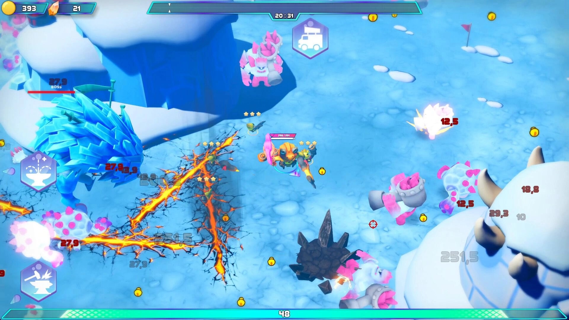 Dino-Ducks Mayhem: Duck mech battles icy boss monsters amid explosions, coins, and timer UI on tundra map.