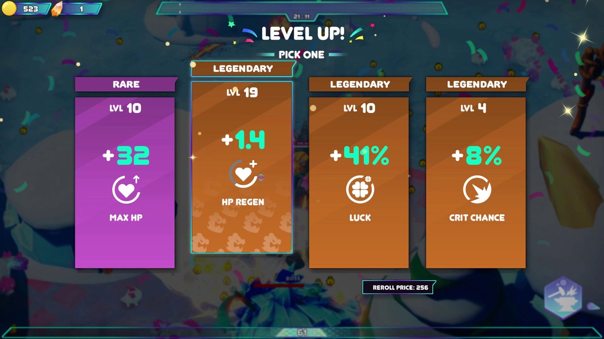 Dino-Ducks Mayhem: Level Up pick-one screen with Max HP, HP regen, Luck, Crit Chance cards over arena.