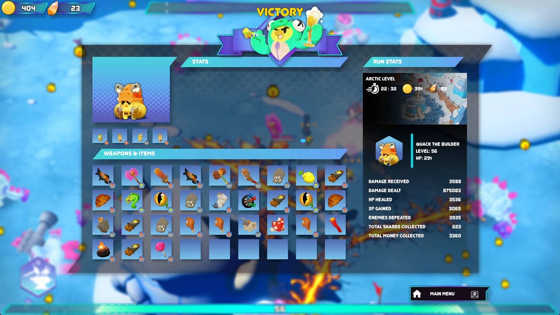 Dino-Ducks Mayhem: Victory stats screen with Quack the Builder loadout and Arctic level run stats panel.