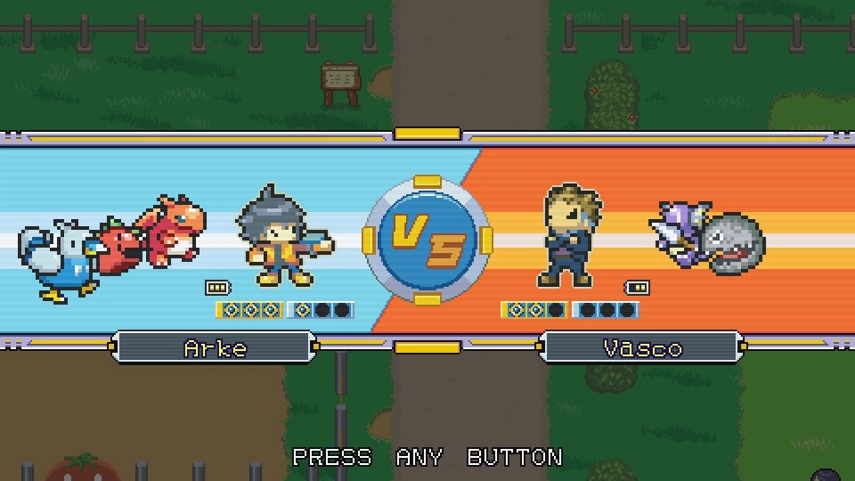 Disc Creatures WORLD: Versus battle screen Arke vs Vasco with two creatures each on split arena UI.