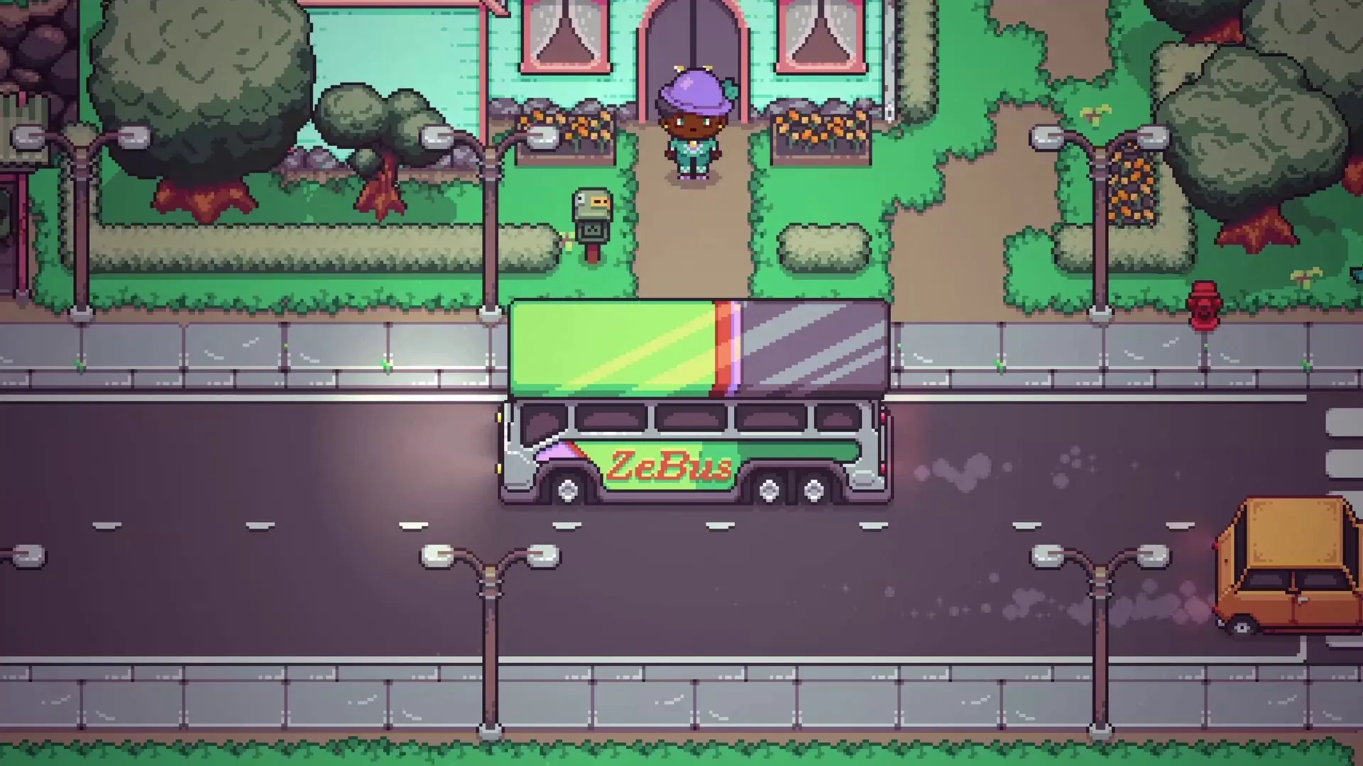 Discounty: Character standing near a colorful bus and mailbox outside a quaint town building