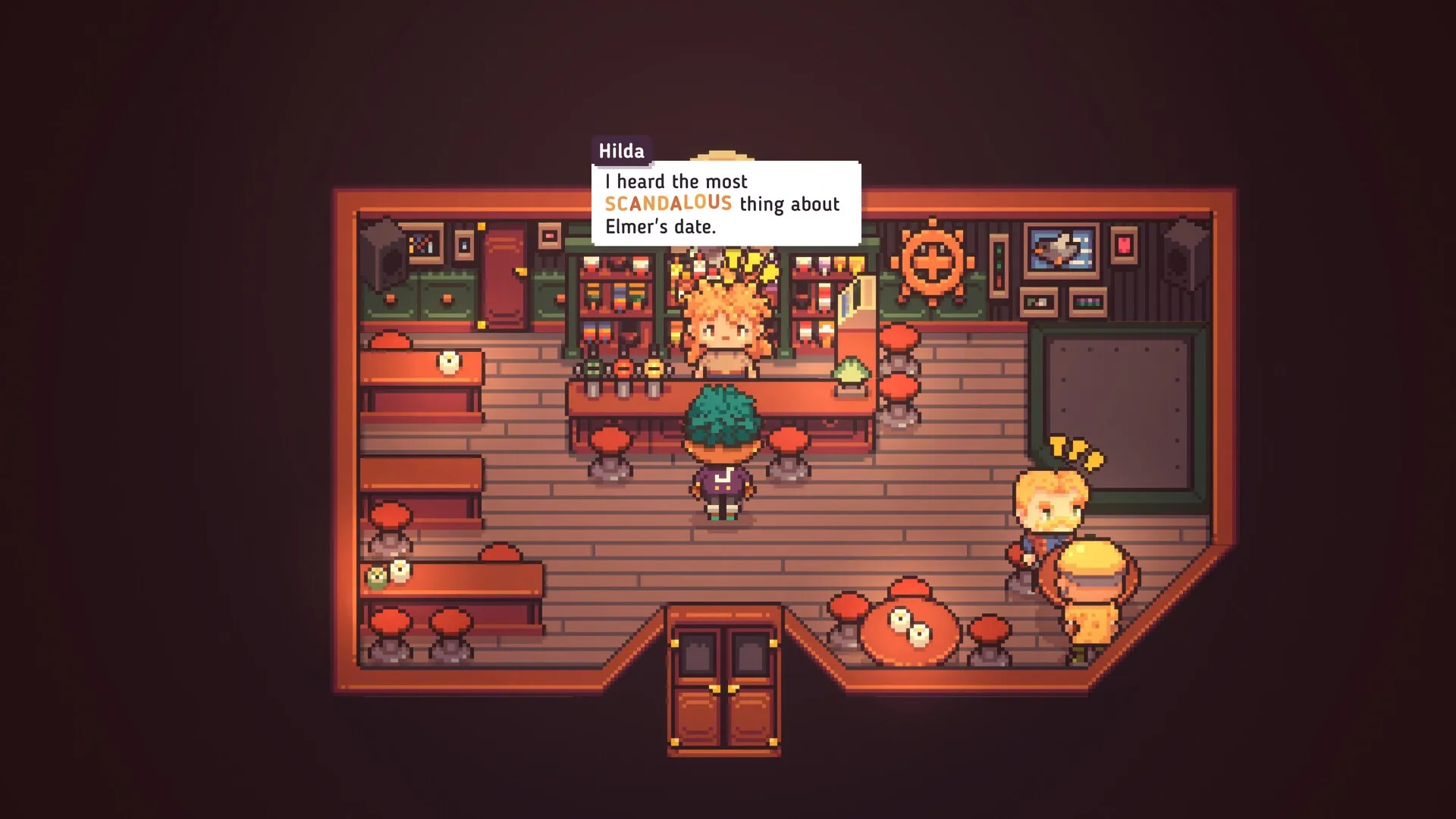 Discounty: Hilda gossiping behind the counter in a cozy tavern with rustic decor and wooden furniture.
