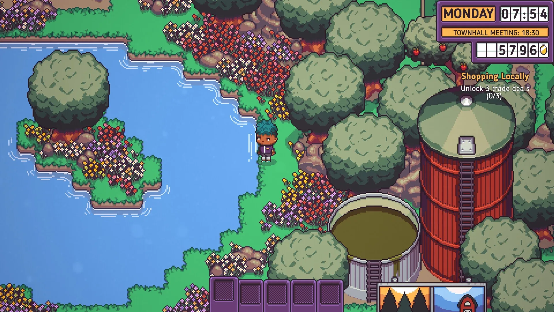 Discounty: Character stands by a lake surrounded by trees and flowers, with UI showing tasks and time.