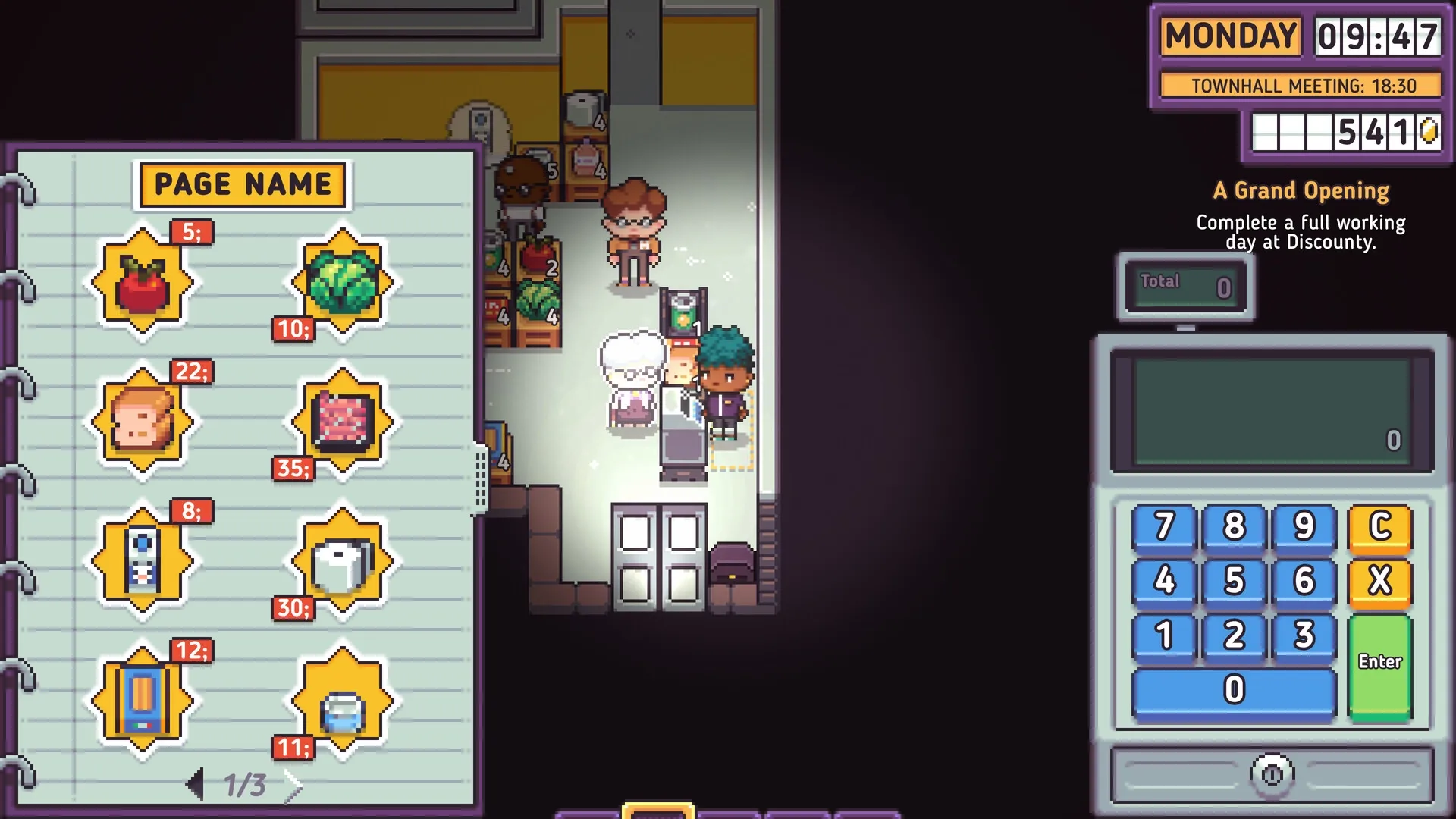 Discounty: Inventory menu with various items and checkout counter in a bustling small-town supermarket