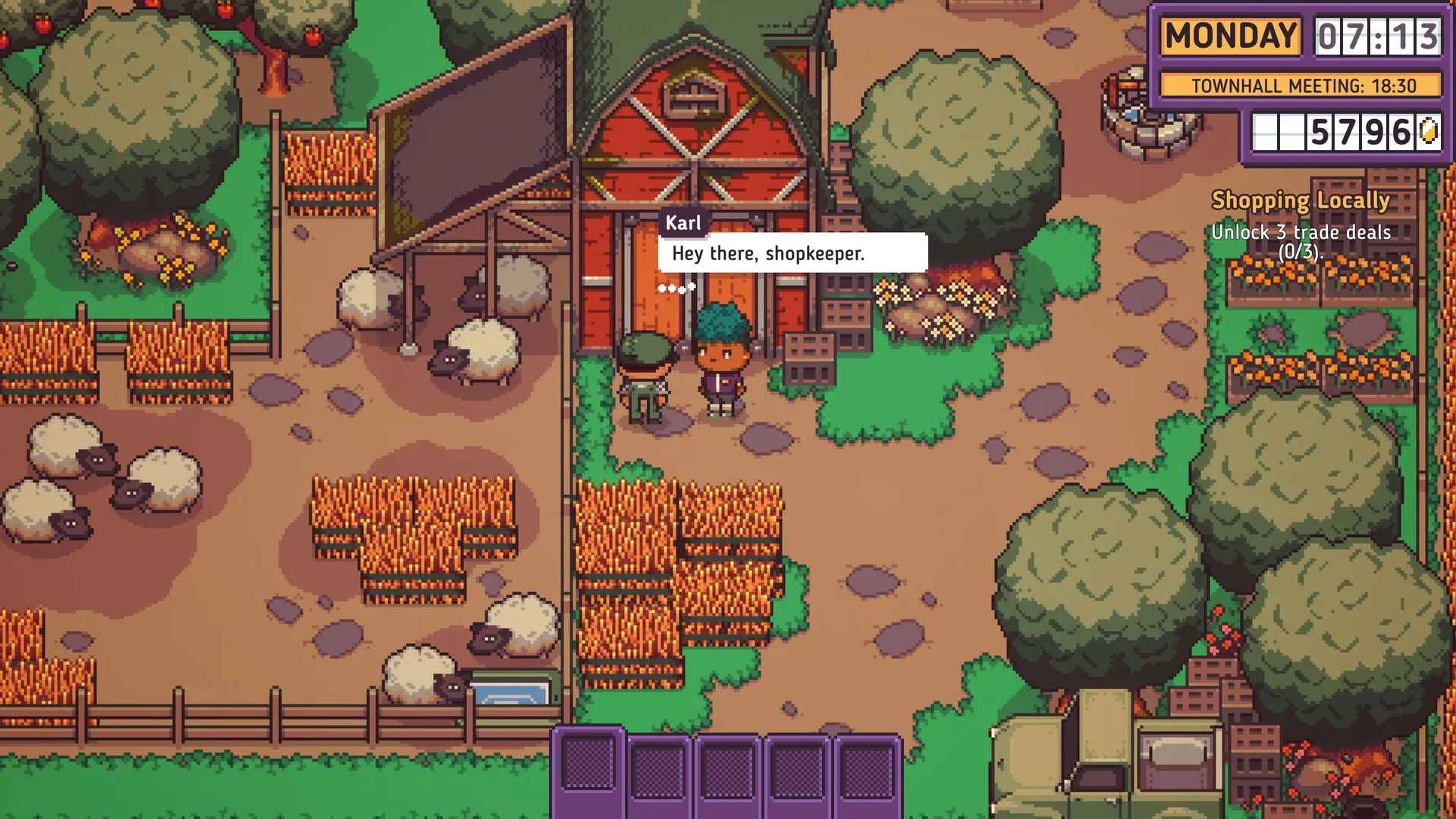 Discounty: Karl greets shopkeeper outside red barn, surrounded by sheep and crops in rural setting.