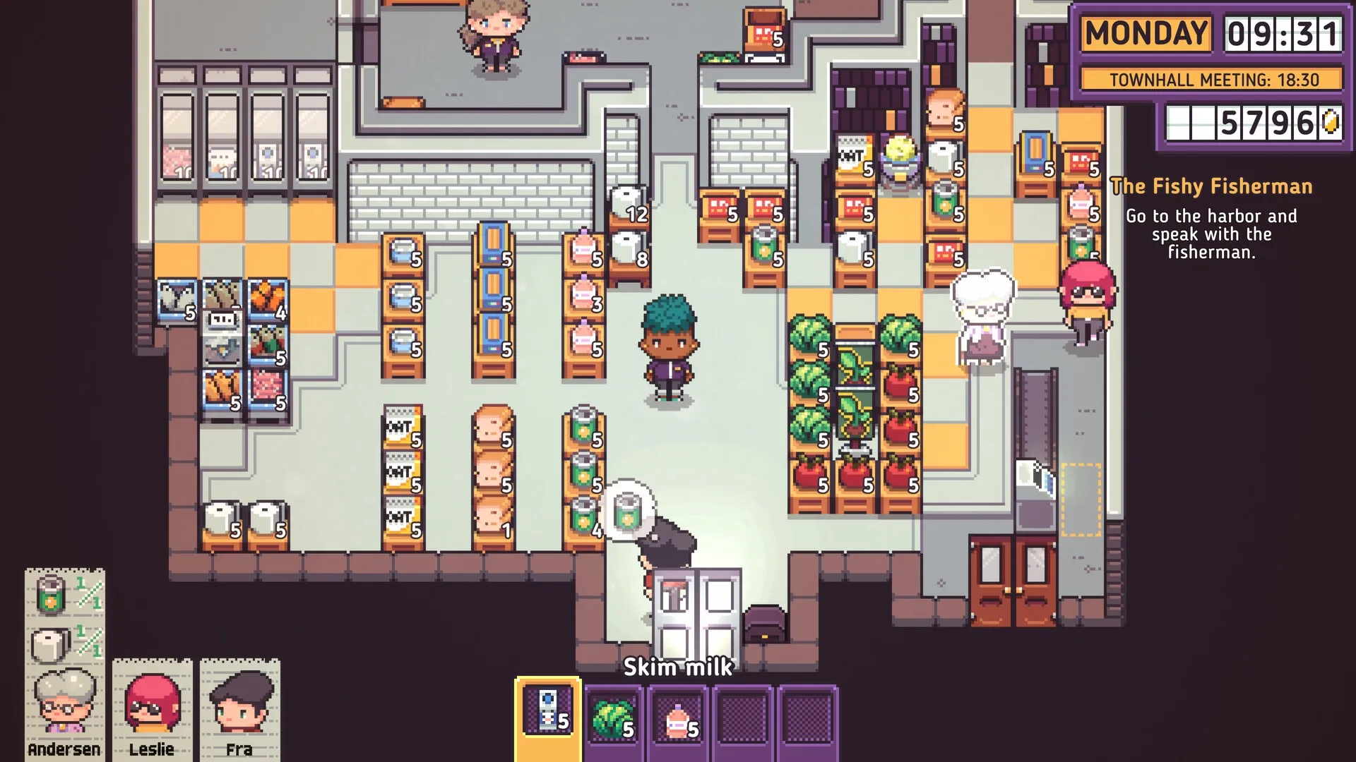 Discounty: Character in supermarket aisle with shelves of goods, quest prompt, and time display