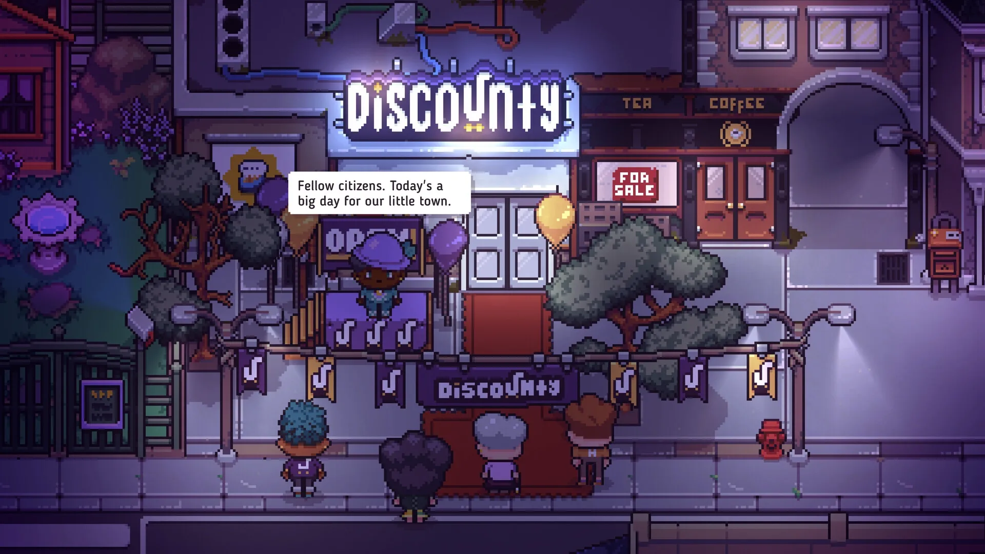 Discounty: Grand opening event at night with characters gathered outside the illuminated supermarket entrance.