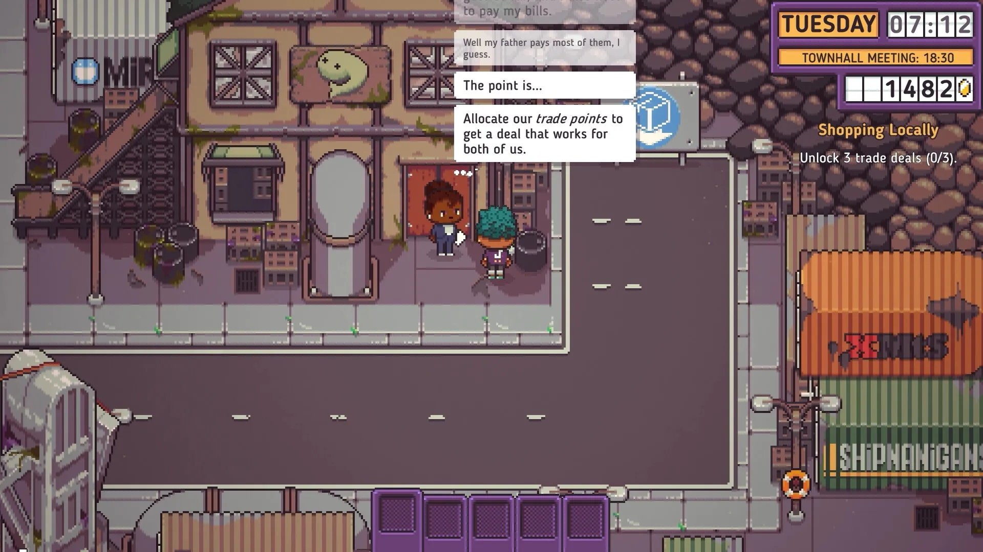 Discounty: Two characters discussing trade points on a city street with dialogue boxes and a task list
