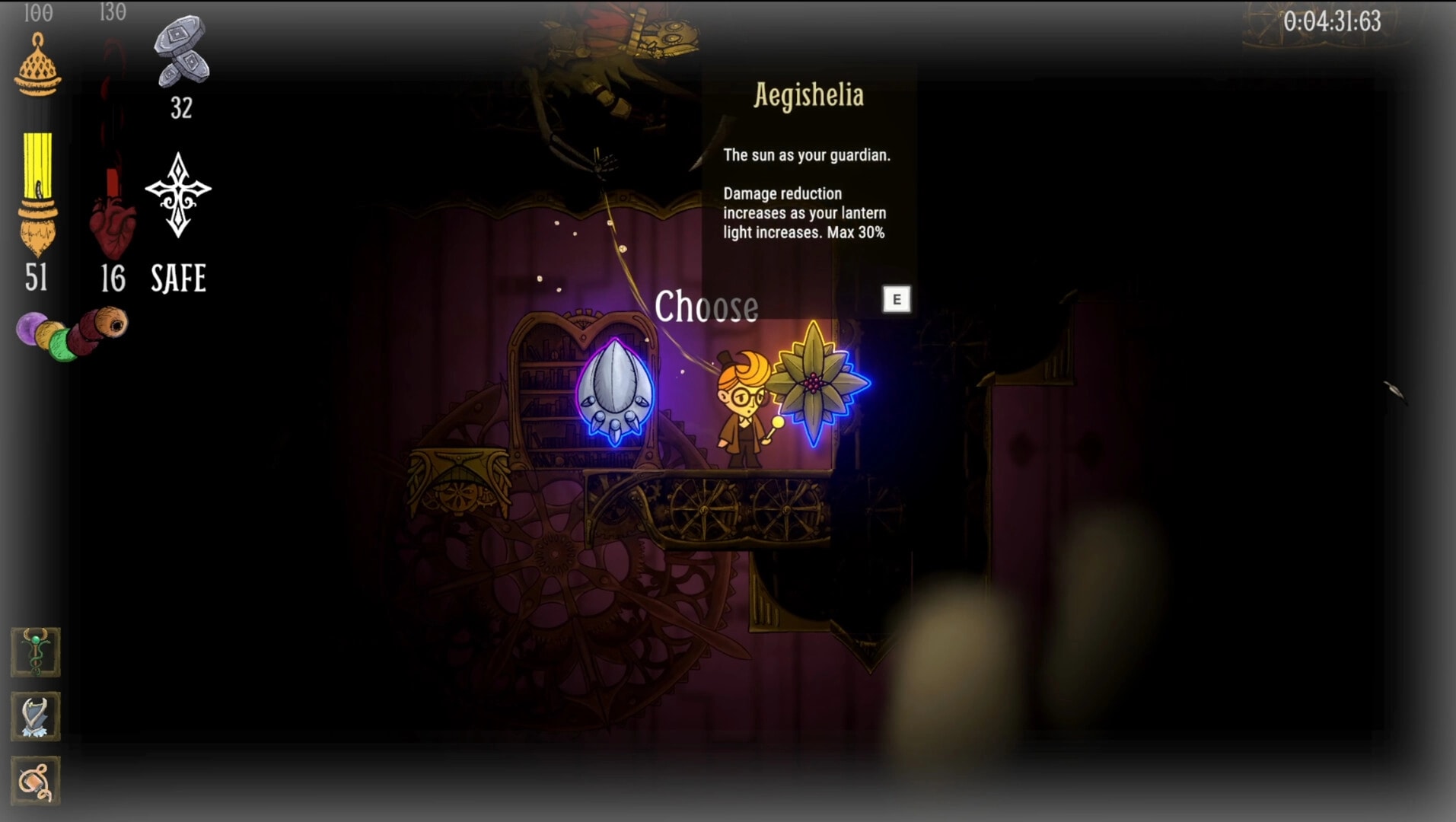 Disinherited: Player at Choose boon prompt beside glowing relics in a dim clockwork chamber UI.