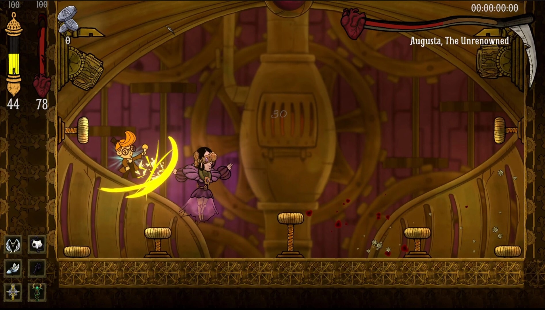 Disinherited: Boss fight with Augusta, The Unrenowned in a golden clockwork arena, UI meters visible.
