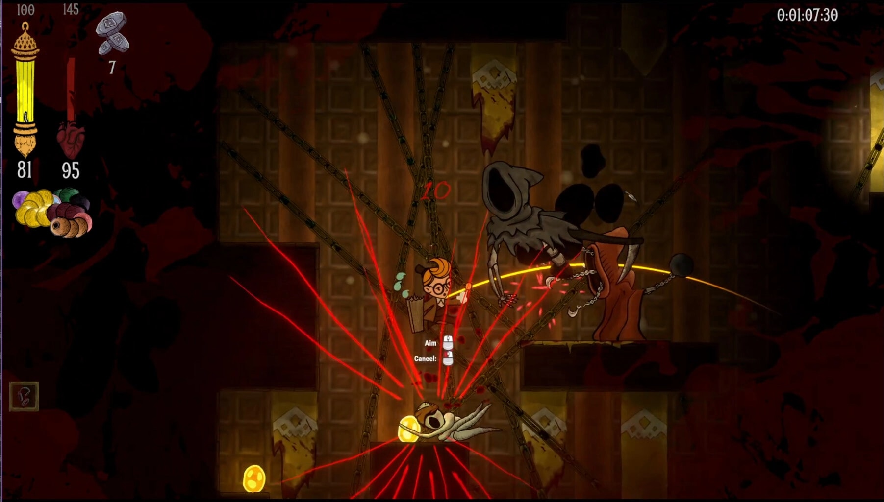 Disinherited: Aim prompt during combat as chained enemies slash in a dim dungeon room with timer UI.