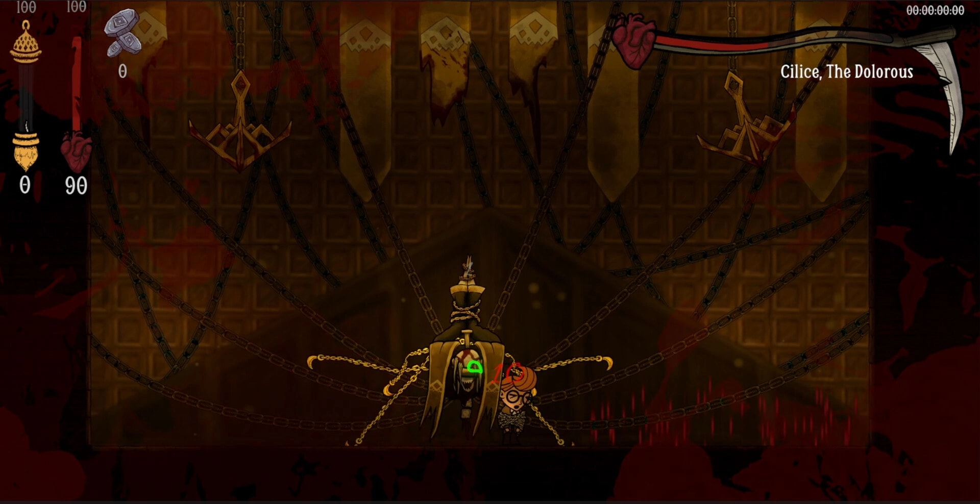 Disinherited: Boss fight with Cilice, The Dolorous chained in a blood-stained dungeon arena UI visible.