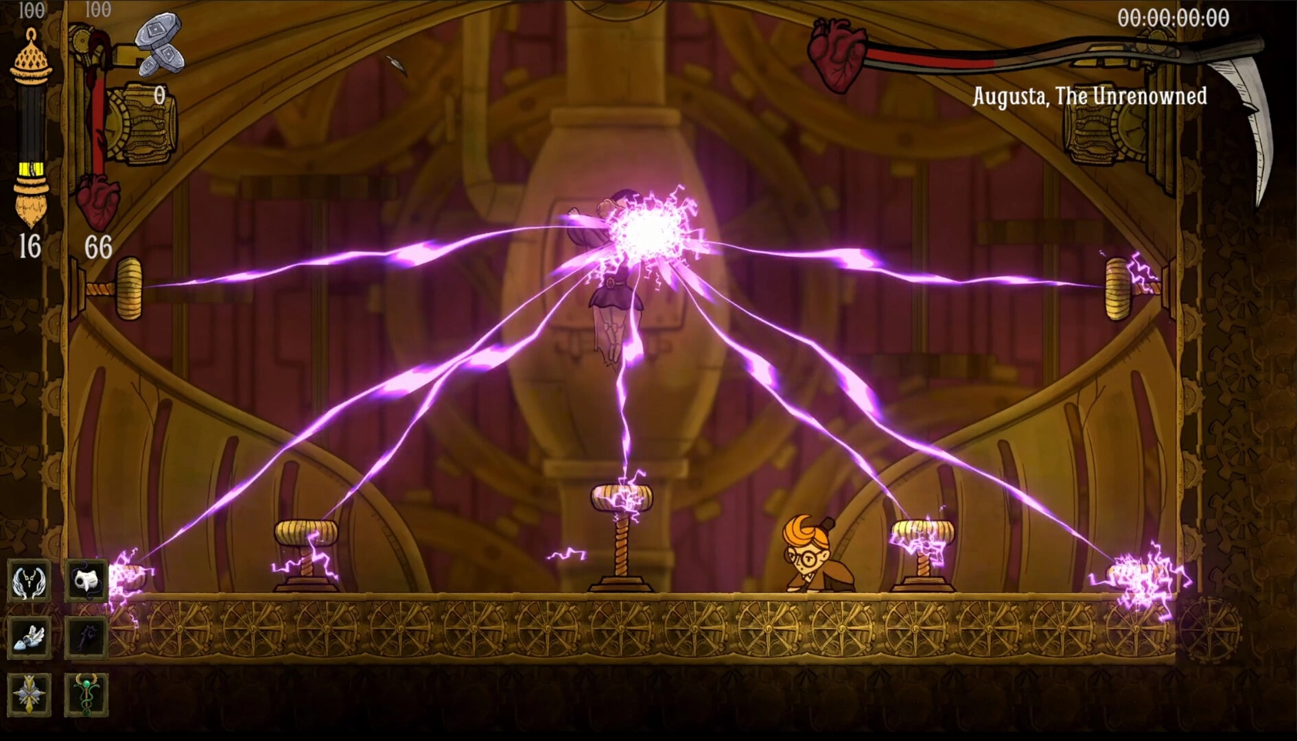 Disinherited: Player dodges purple lightning traps in a clockwork arena as boss Augusta appears top right.