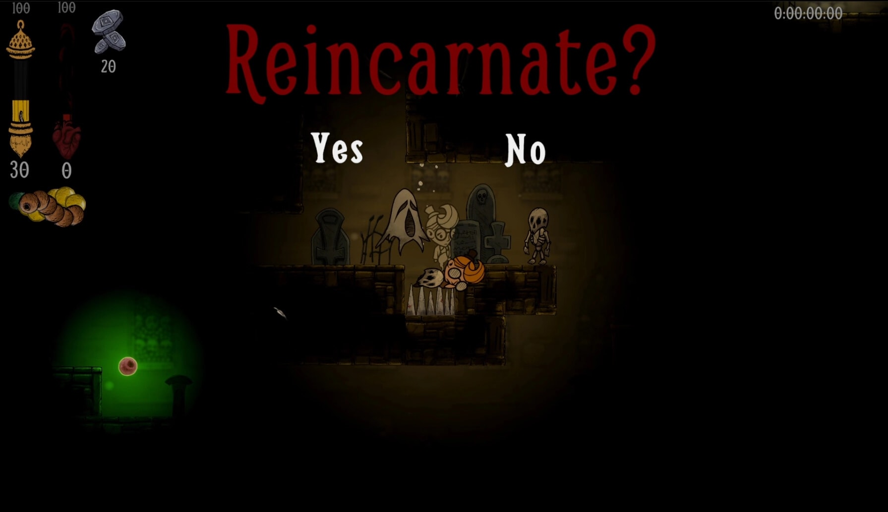 Disinherited: Reincarnate? Yes/No prompt over graveyard platform, hero dead on spikes, HUD left.