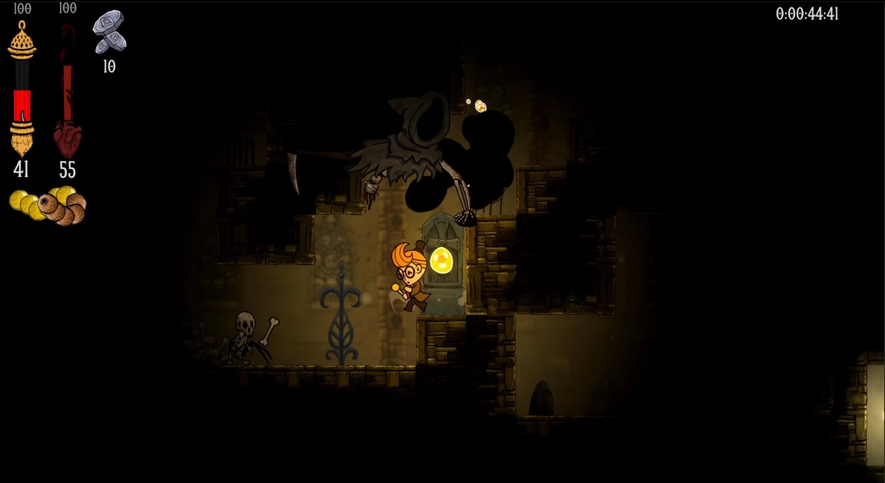 Disinherited: Player jumps with glowing orb as hooded reaper looms in dark stone dungeon corridor.