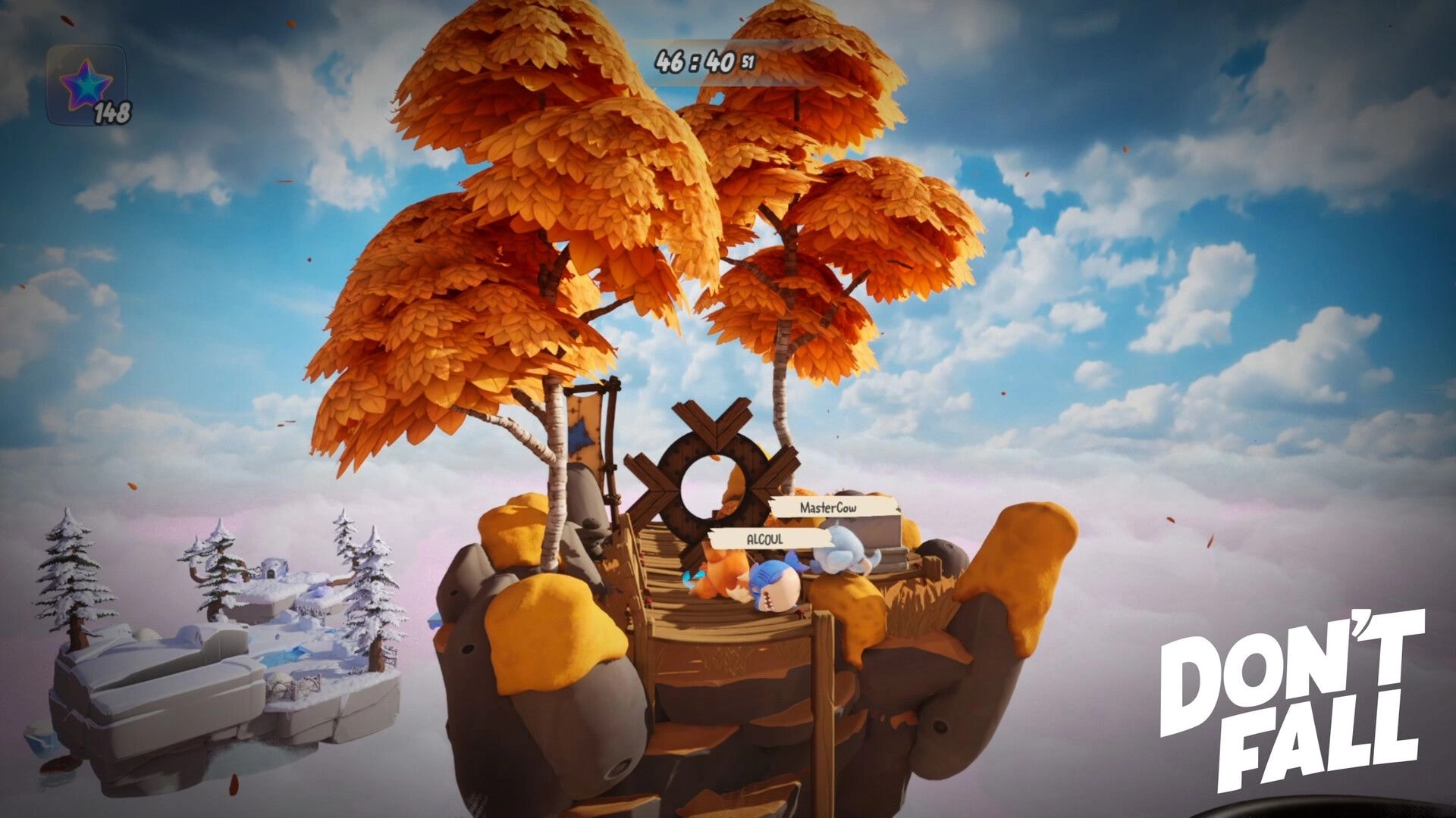 Don’t Fall: Two players on a wooden platform by orange trees on a floating island, timer UI visible.