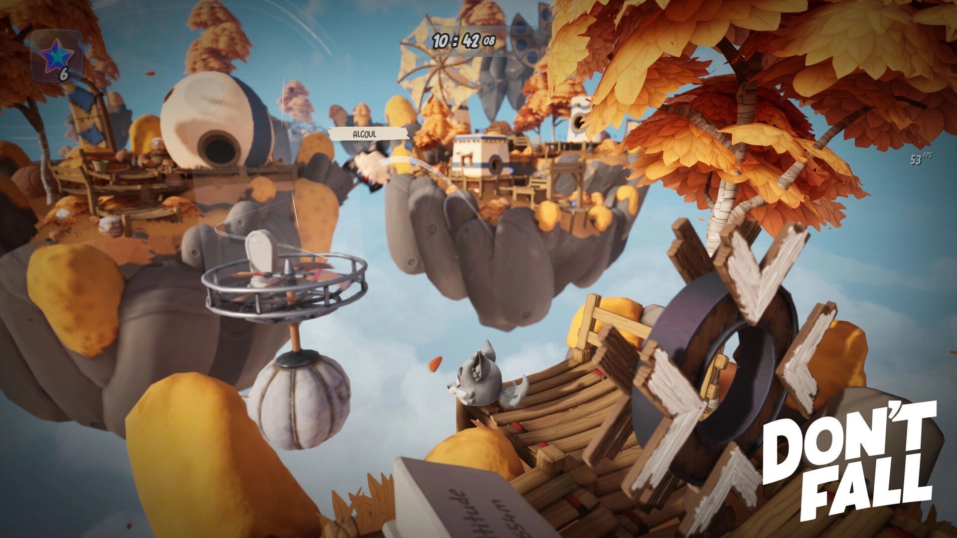 Don’t Fall: Player launches from a cannon toward floating autumn islands with timer and star counter UI.