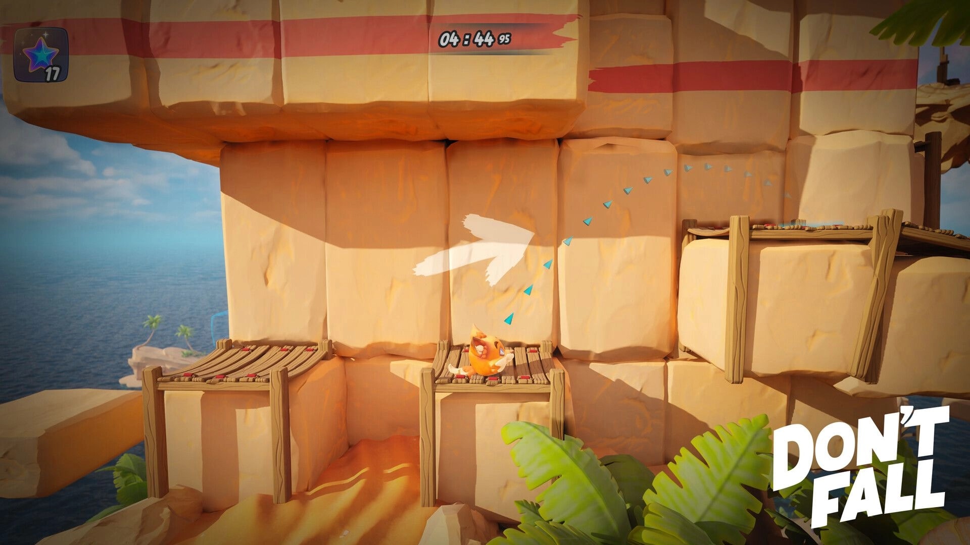 Don’t Fall: Orange ball character jumps between rope platforms on seaside cliff with timer and star UI.