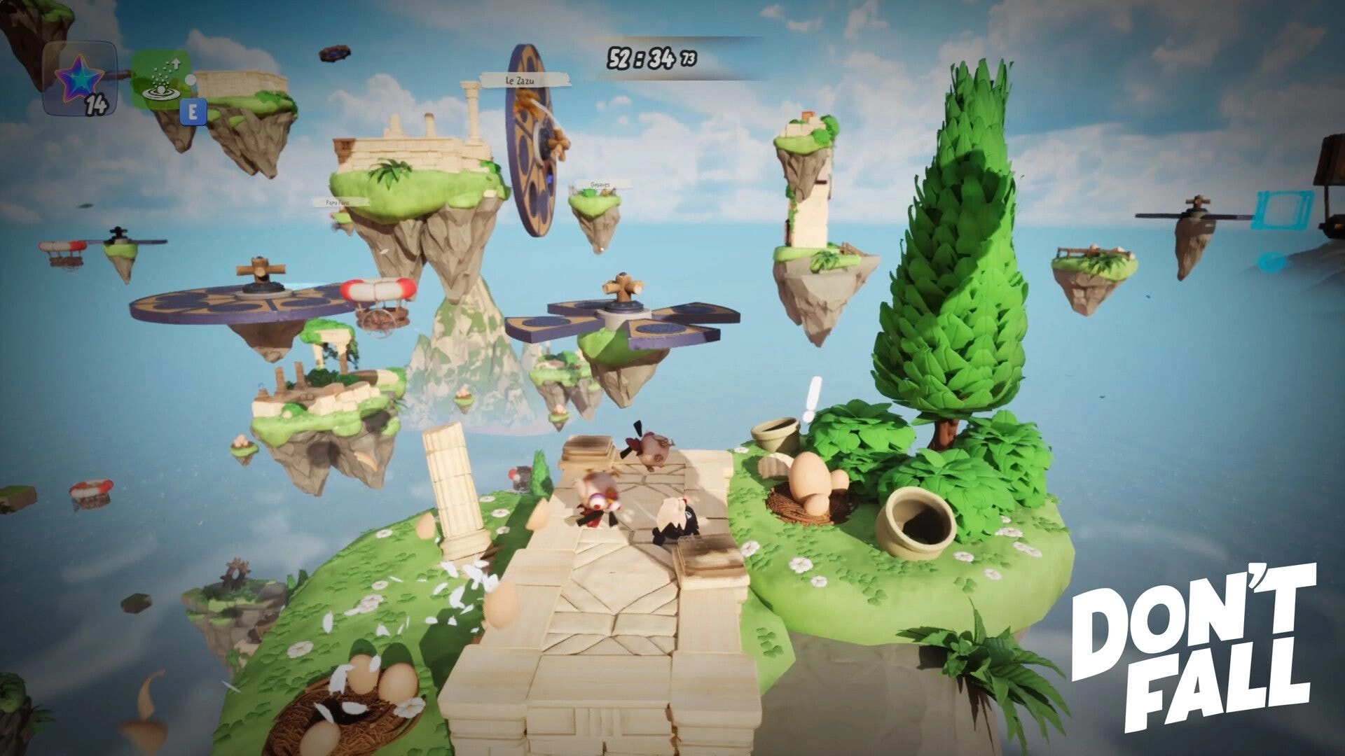 Don’t Fall: Two small characters on a stone platform amid floating islands, timer and star UI above.